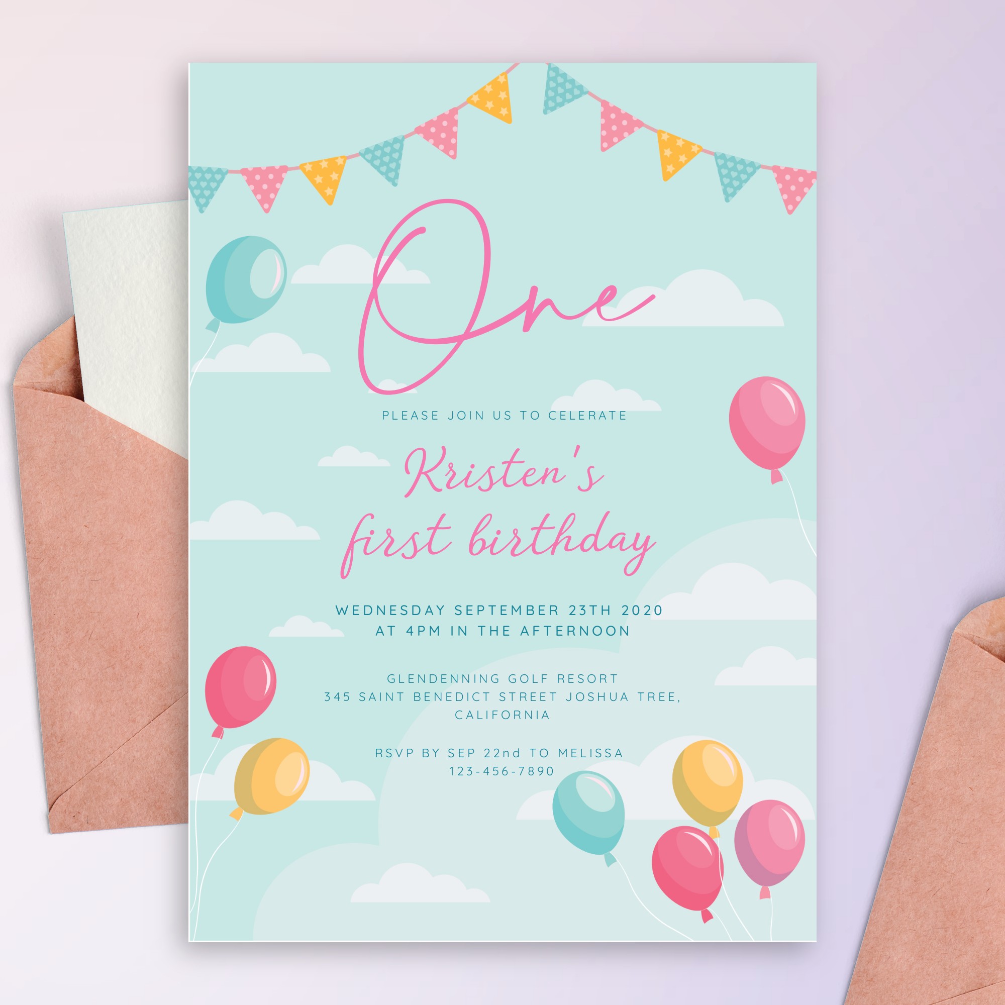 Colored Flag Garland Baby 1st Birthday Invitation Template Online Maker