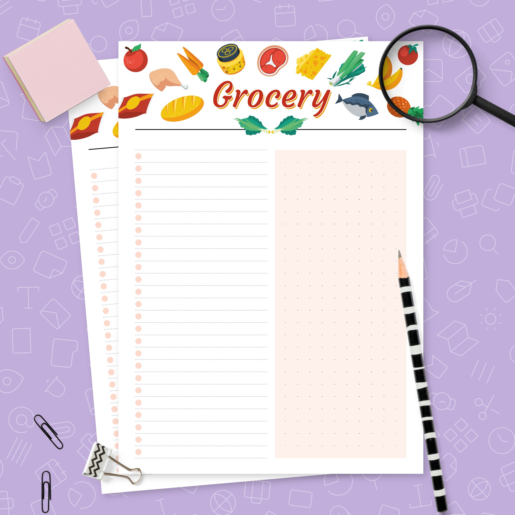 Colored Grocery List Lined & Dotted Template - Printable PDF