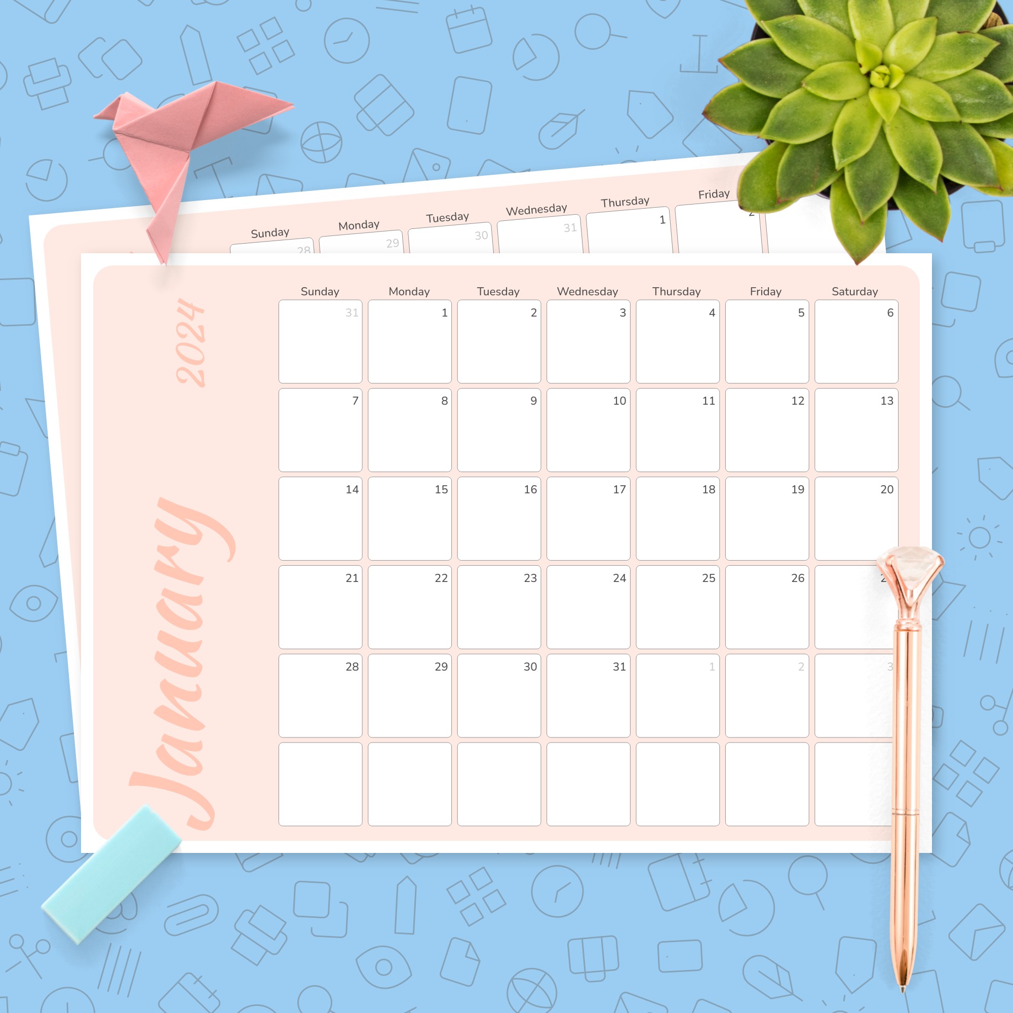 Colored Pink Monthly Calendar Template - Printable PDF