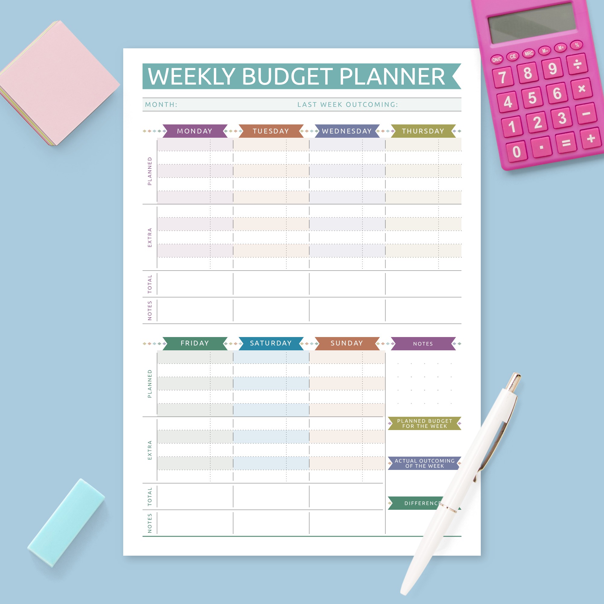 Colored Weekly Money Expense Tracker Template Printable PDF