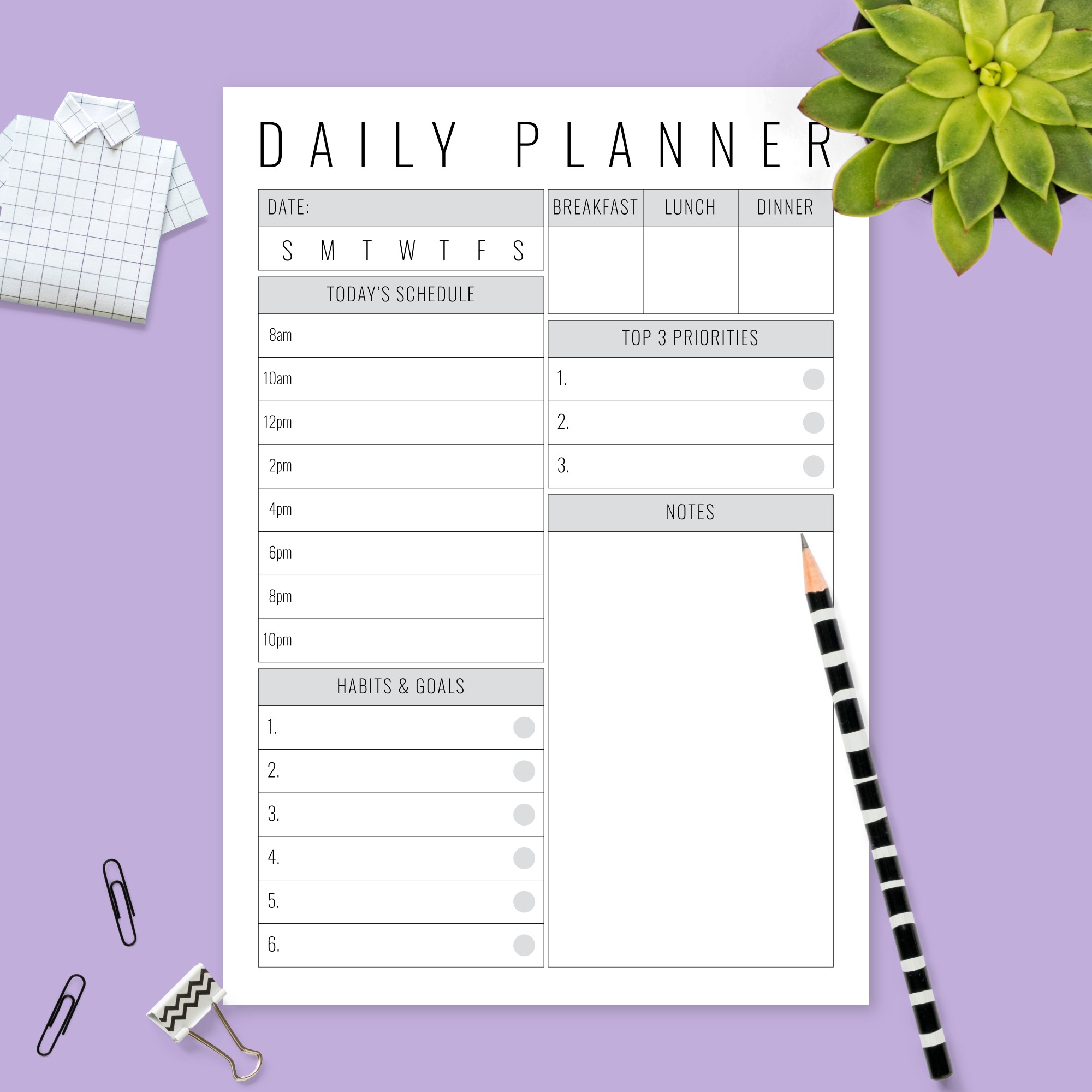Daily Planner with Habit Tracker Template - Printable PDF