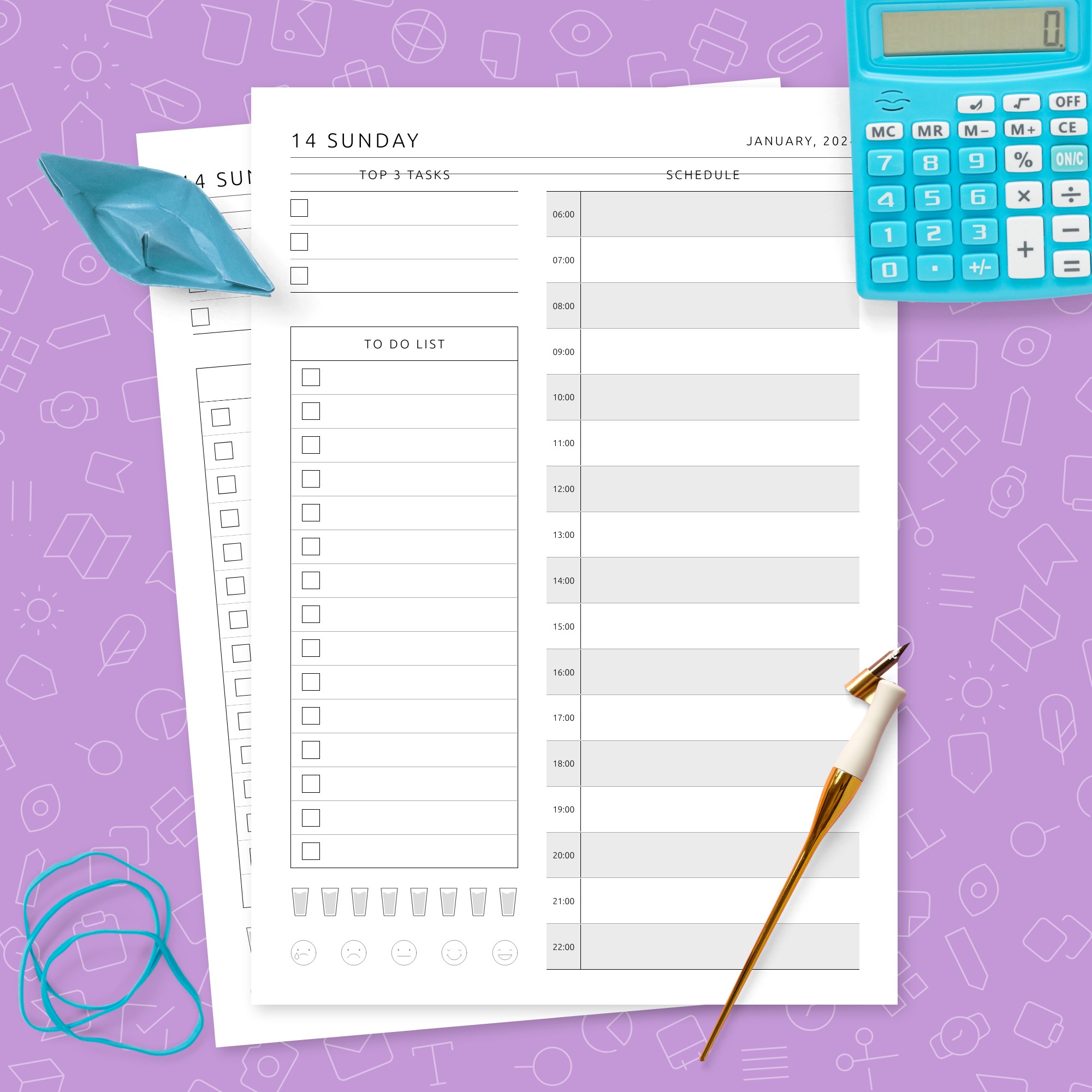 Daily Schedule Template with Water, Mood Trackers Template - Printable PDF