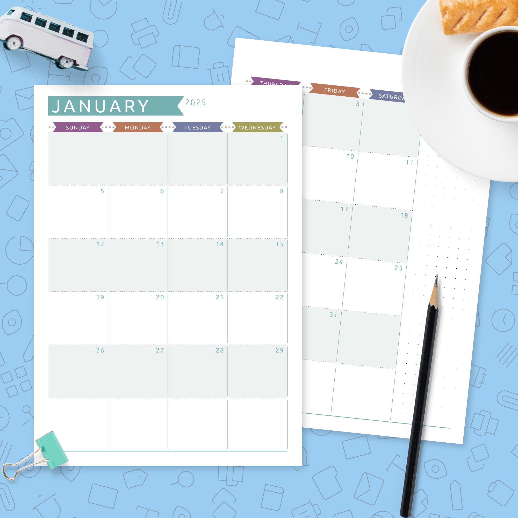 Dated Monthly Calendar Colored Design Template - Printable PDF