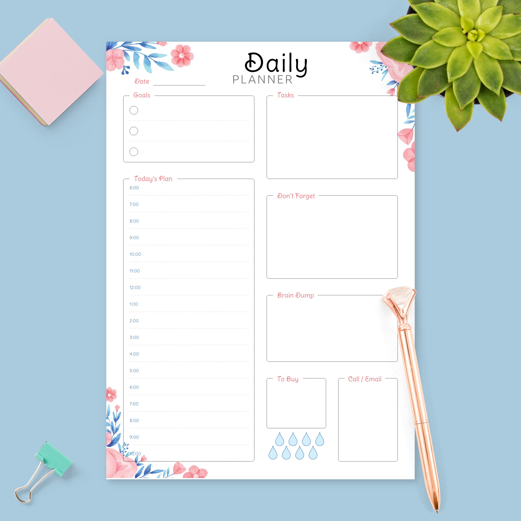 Floral Daily Hourly Agenda Template - Printable PDF