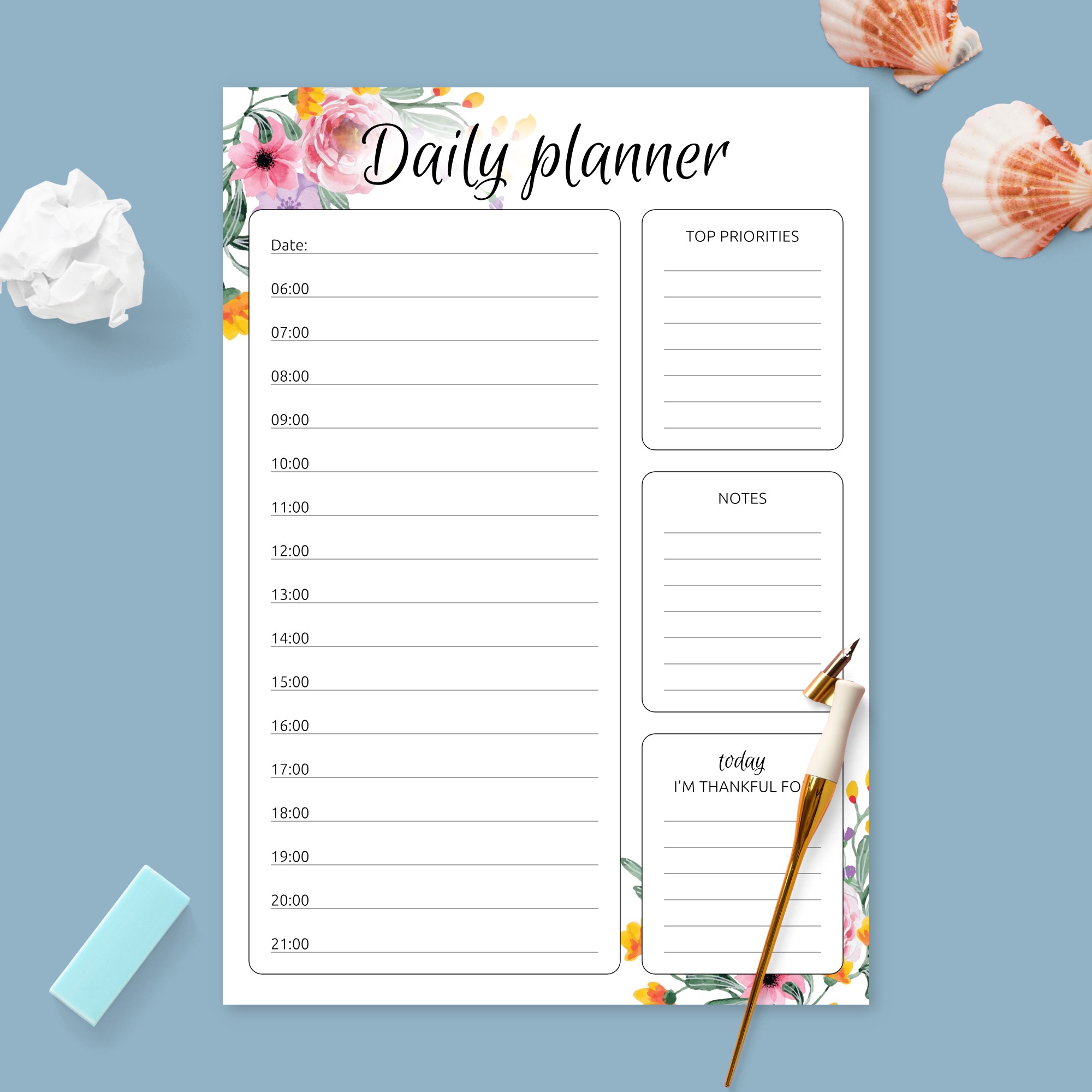 Floral Daily Hourly Planner Template Printable PDF