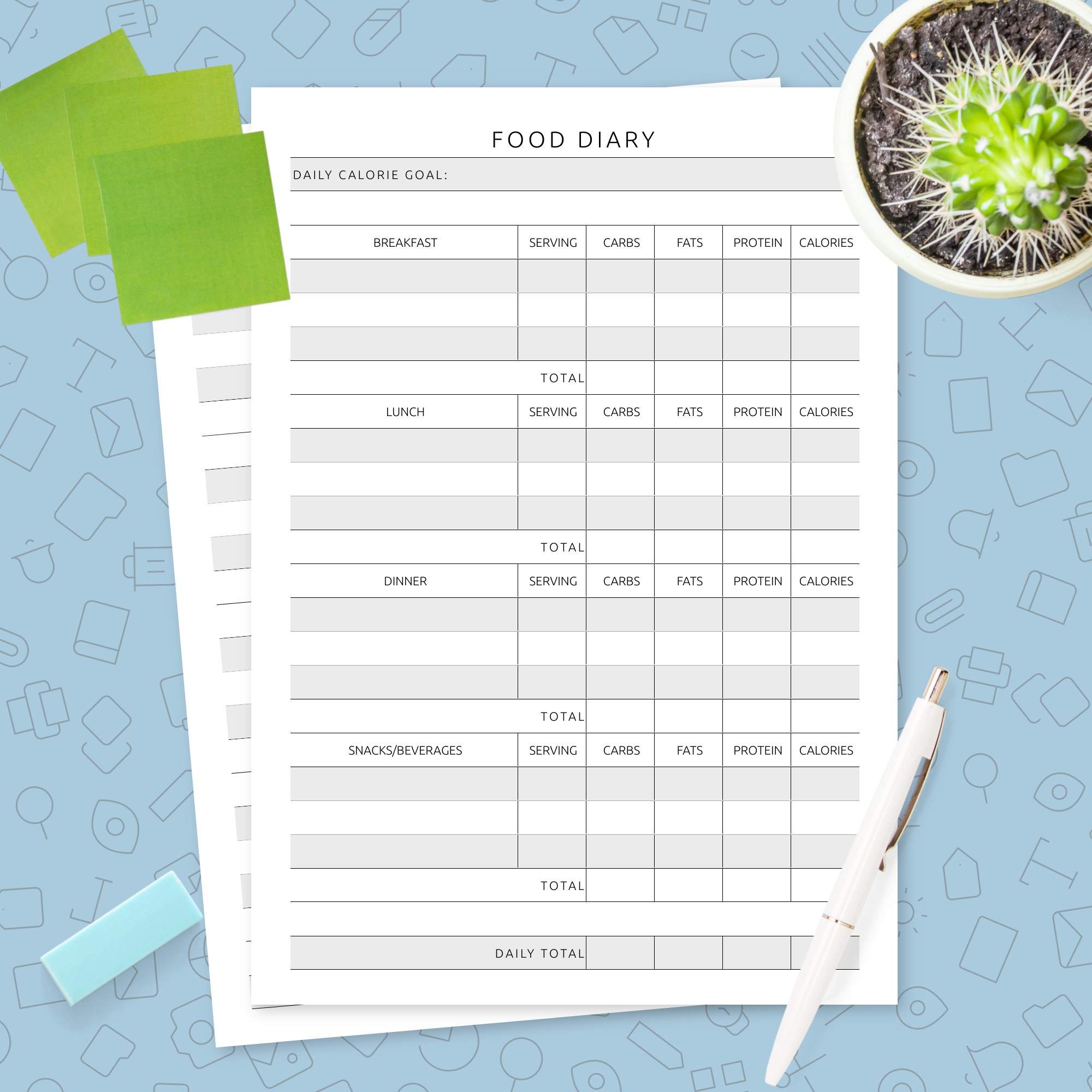 Formal Food Diary Template Template - Printable PDF