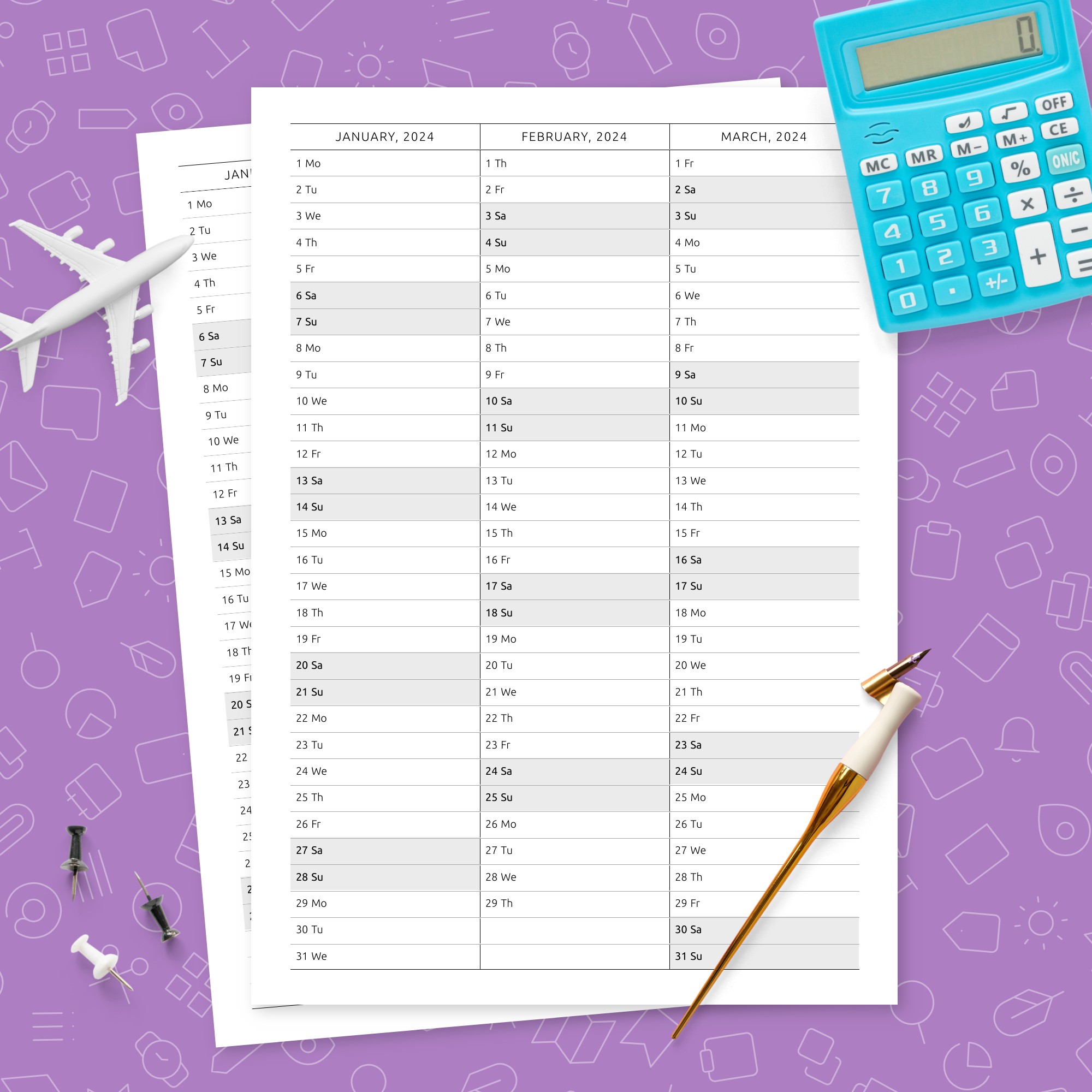 Four Pages Yearly Calendar Vertical Style Template - Printable PDF