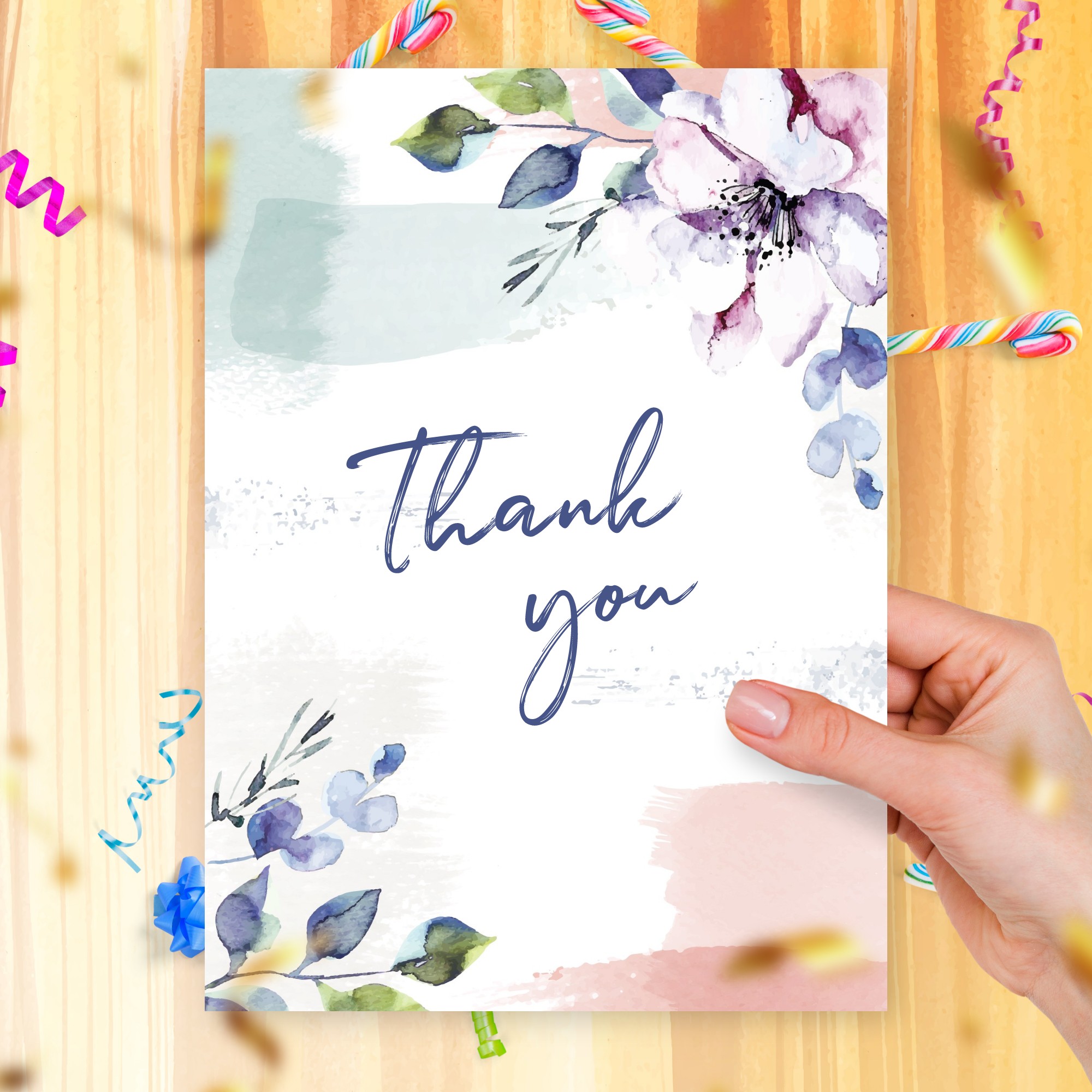 Graceful Watercolor Floral Thank You Card Template Editable Online