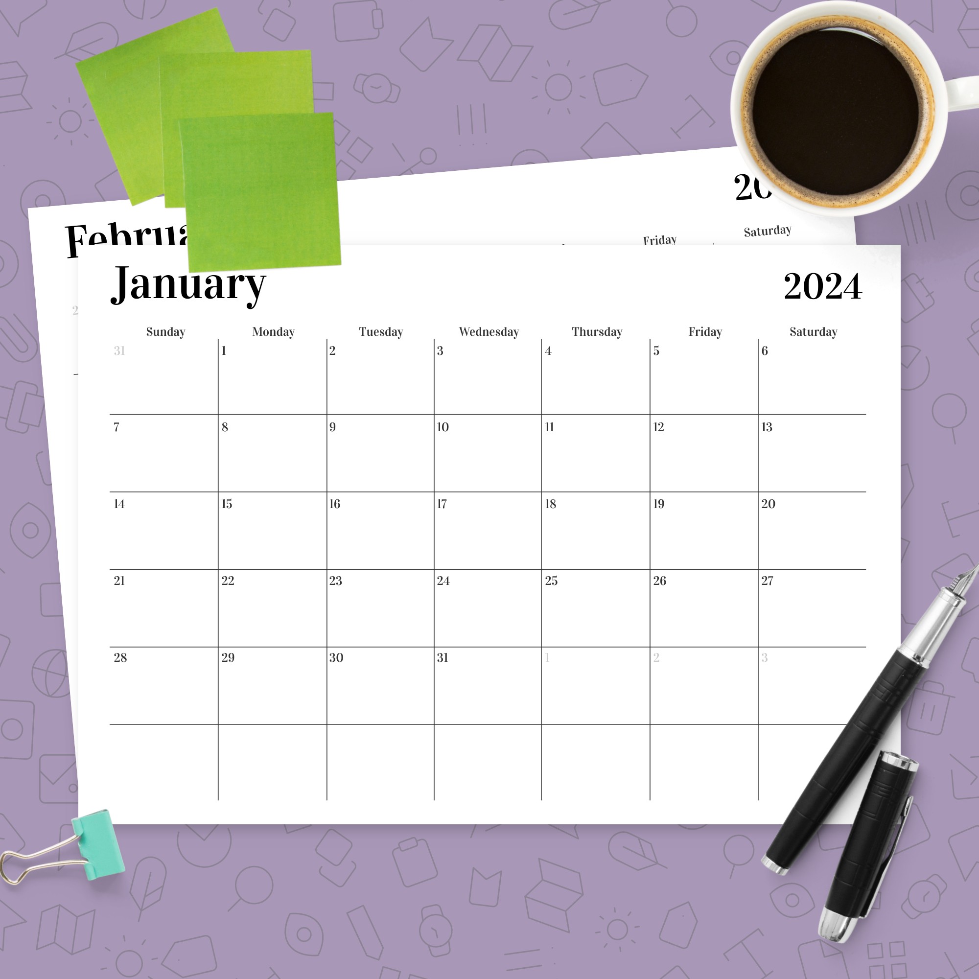 Horizontal Monthly Calendar Template Printable PDF