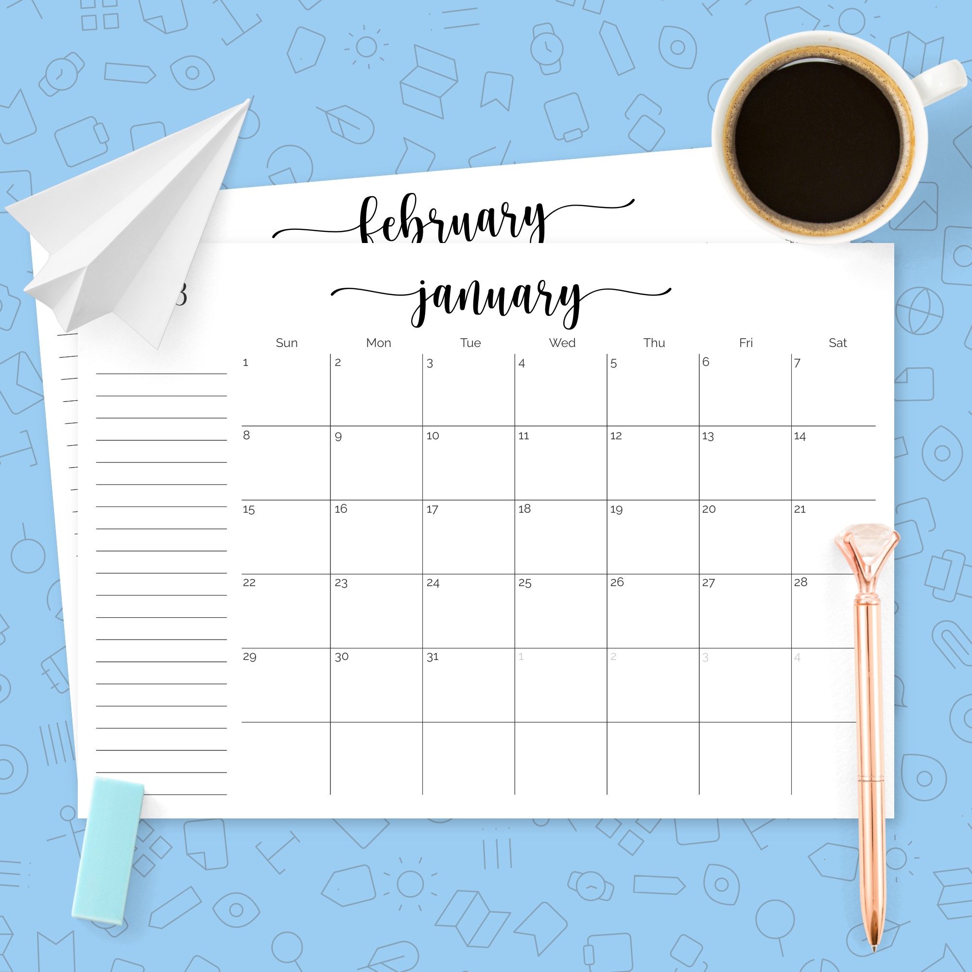 Monthly Calendar with Notes Section Template - Printable PDF