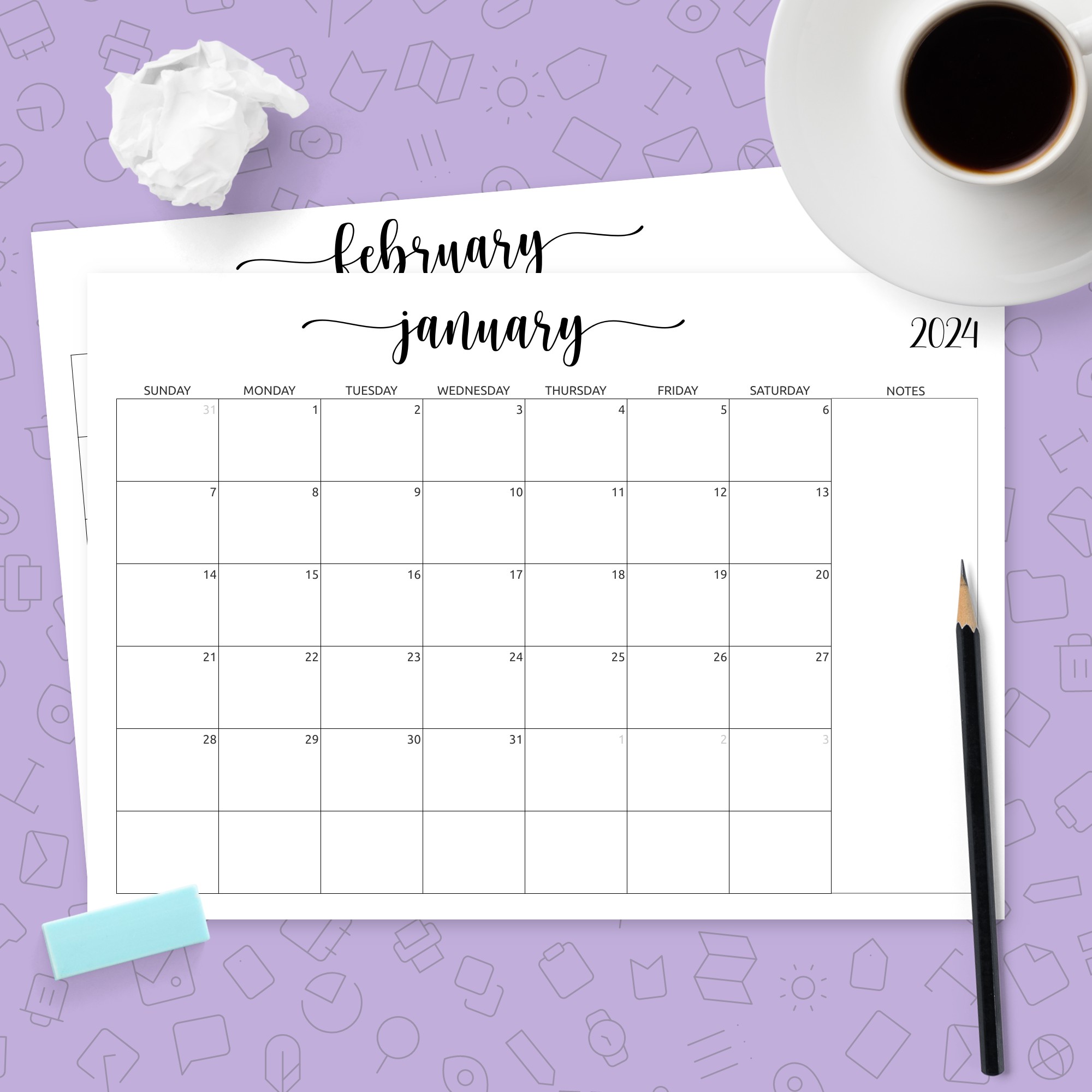 Monthly Calendar with Notes Template - Printable PDF