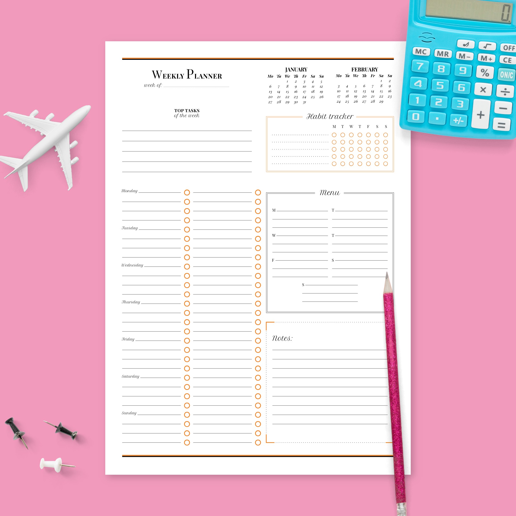 One Page Weekly Planner with Calendar Template - Printable PDF