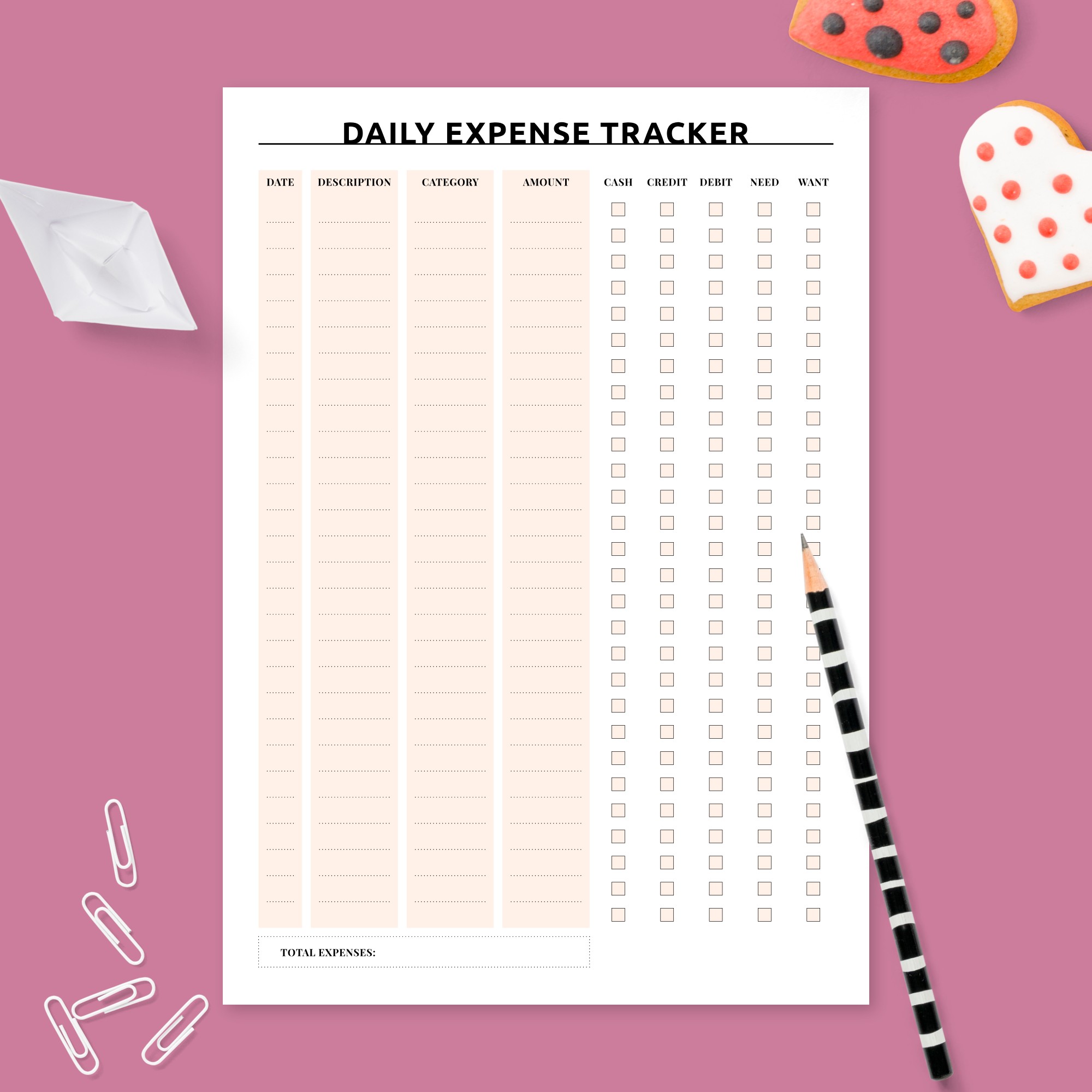 Personal Daily Expense Tracker Template - Printable PDF