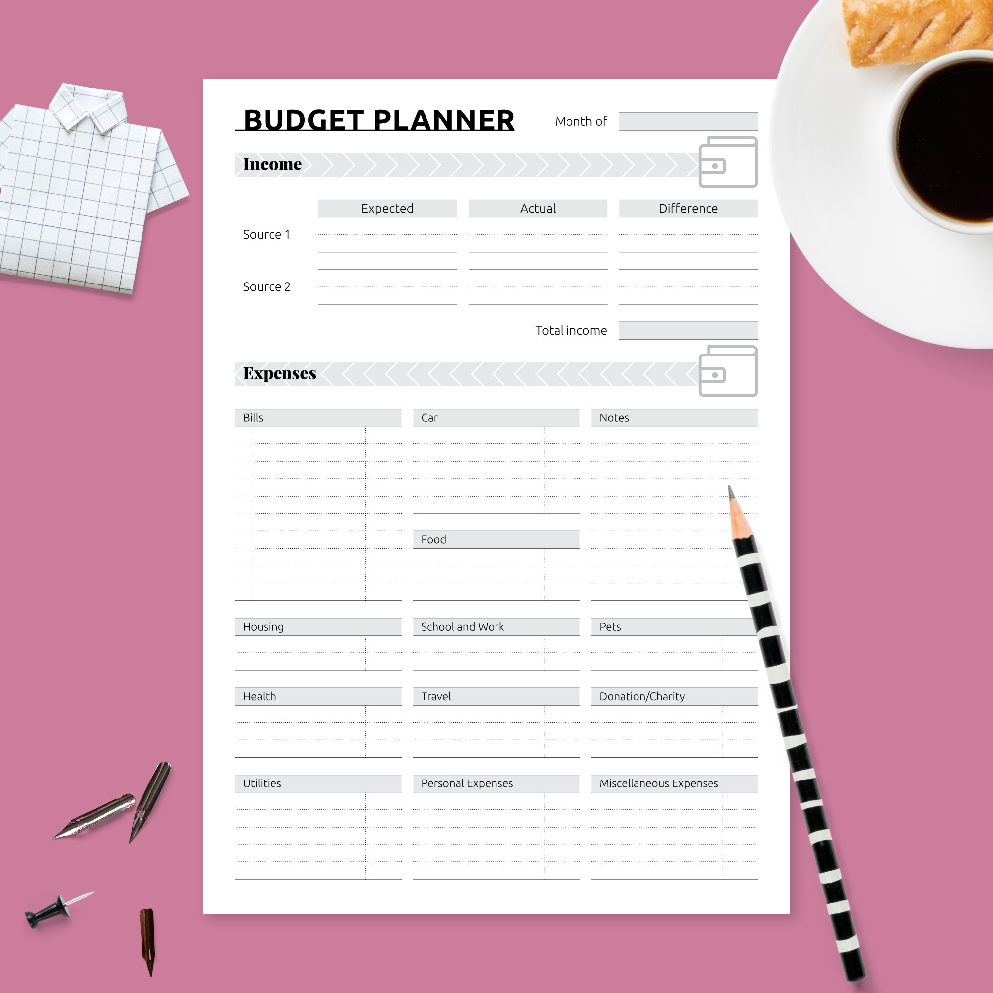 Personal Monthly Finances Planning Template - Printable PDF