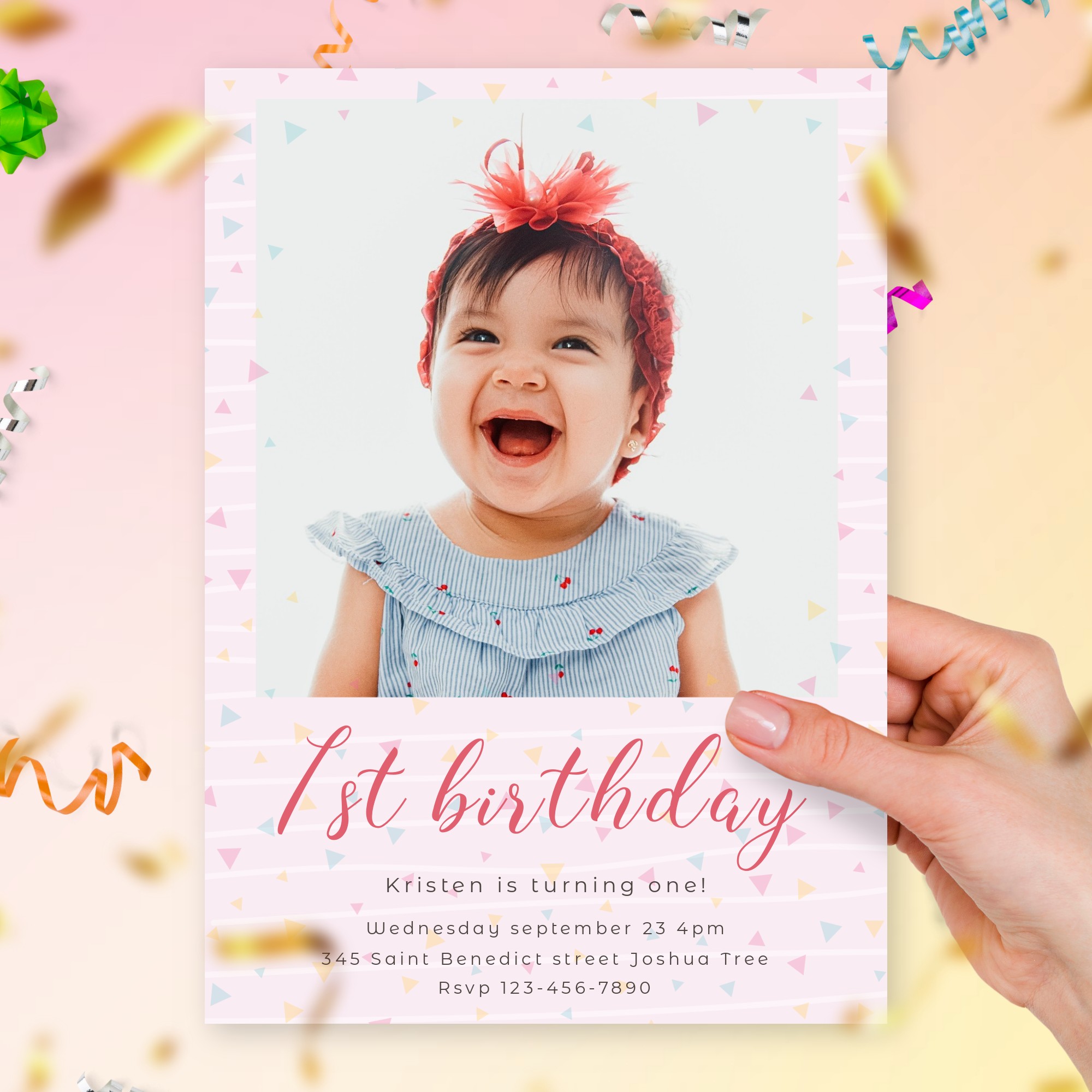 Pink Confetti Hearts Girl First Birthday Invitation Template Online Maker