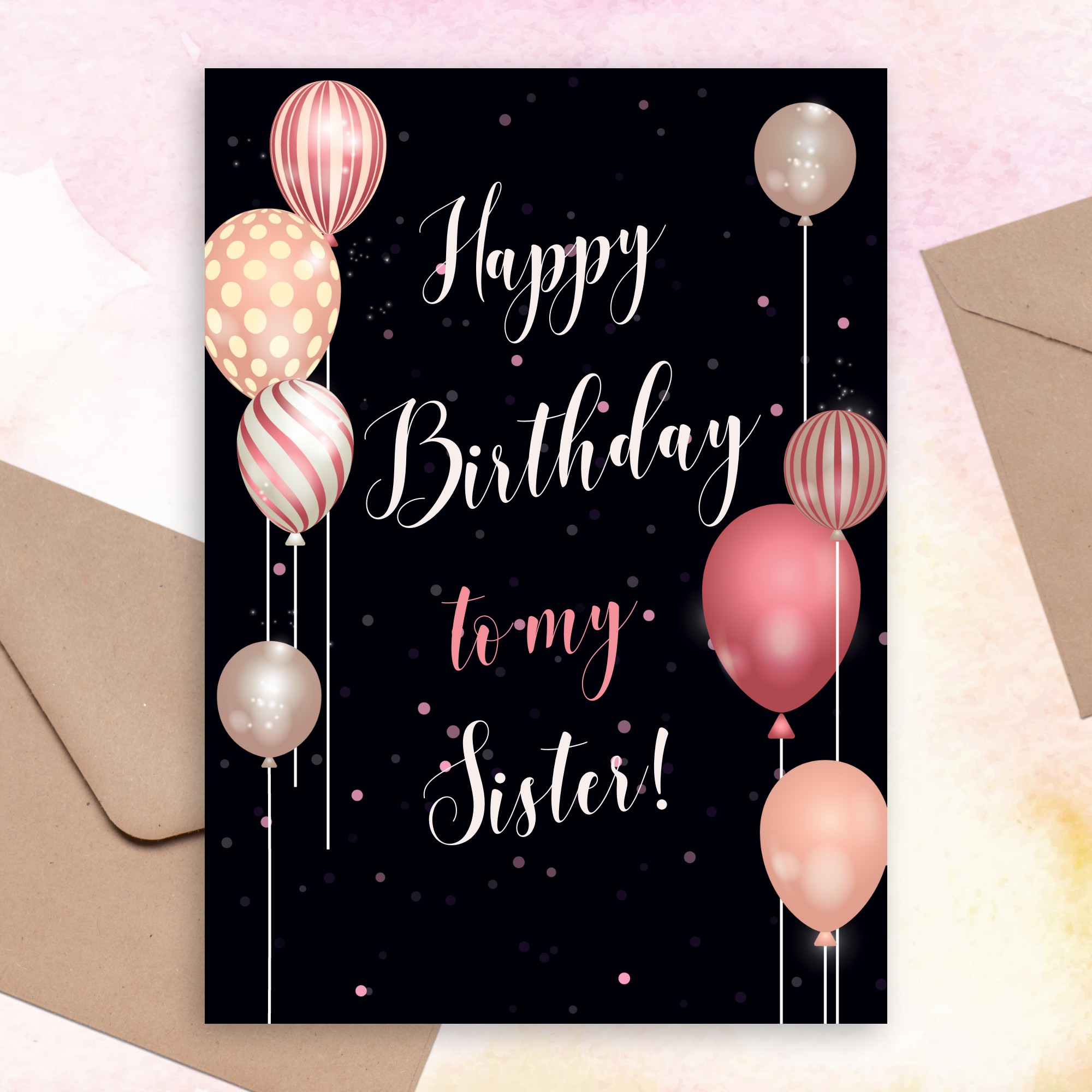 pink glitter balloons birthday card for sister template