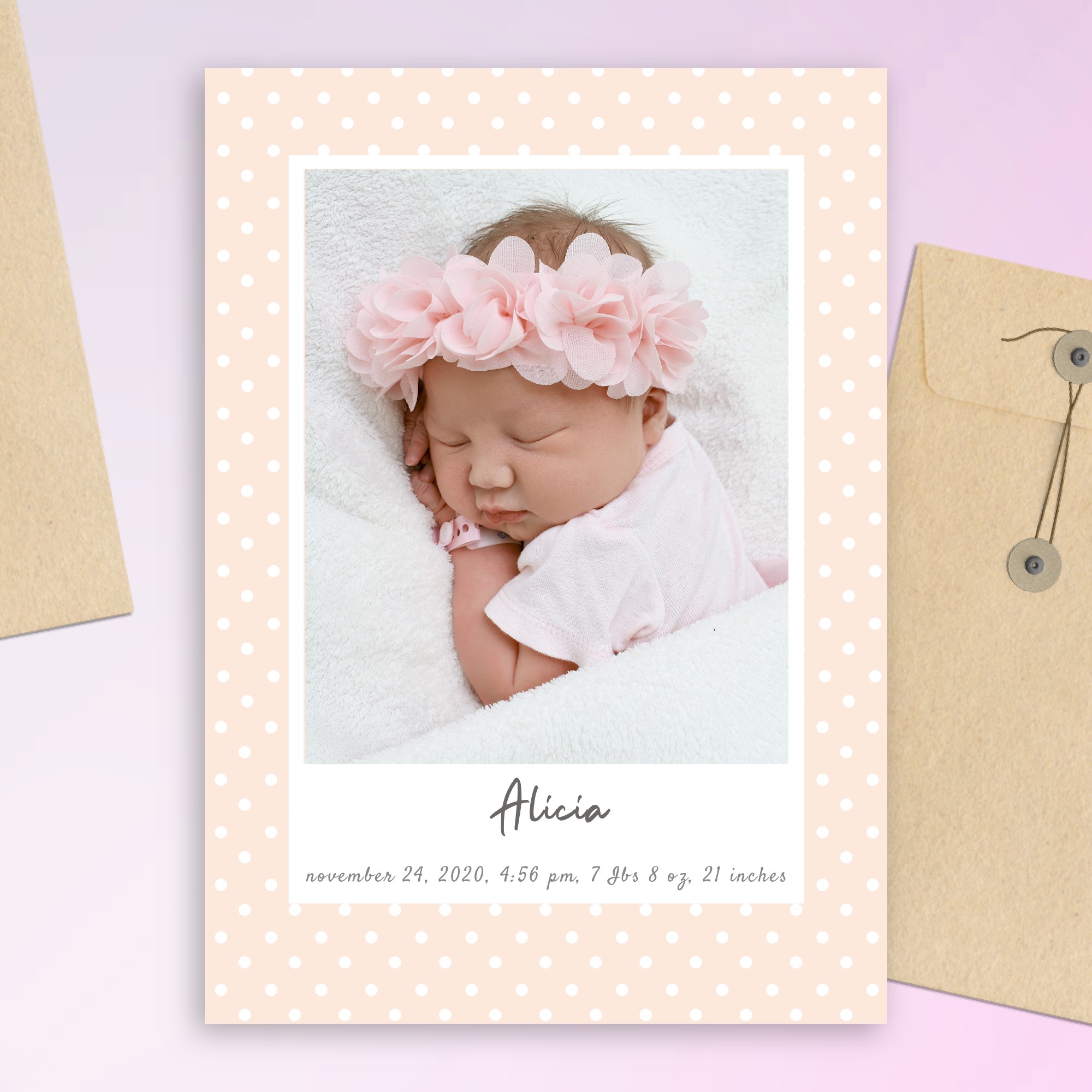 Pink Polka Dot Birth Announcement Card Template Online Maker