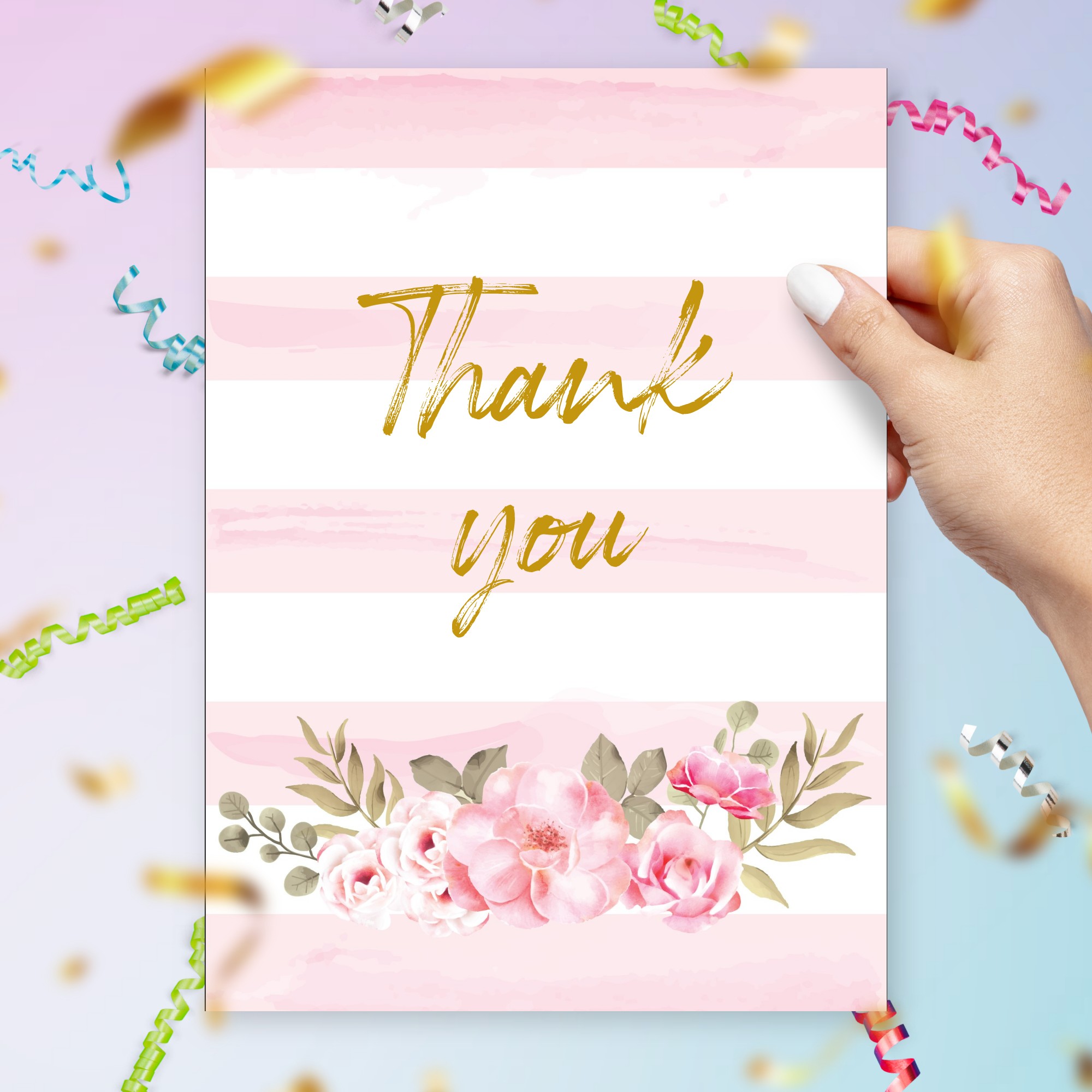 Pink Stripes and Roses Thank You Card Template Editable Online