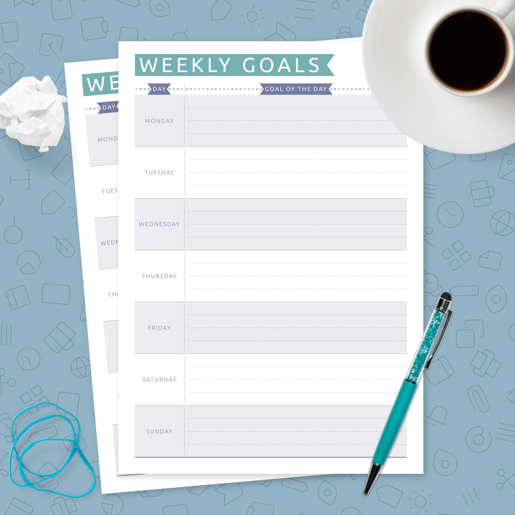 Seven Days Weekly Goals - Colorful Style Template - Printable PDF