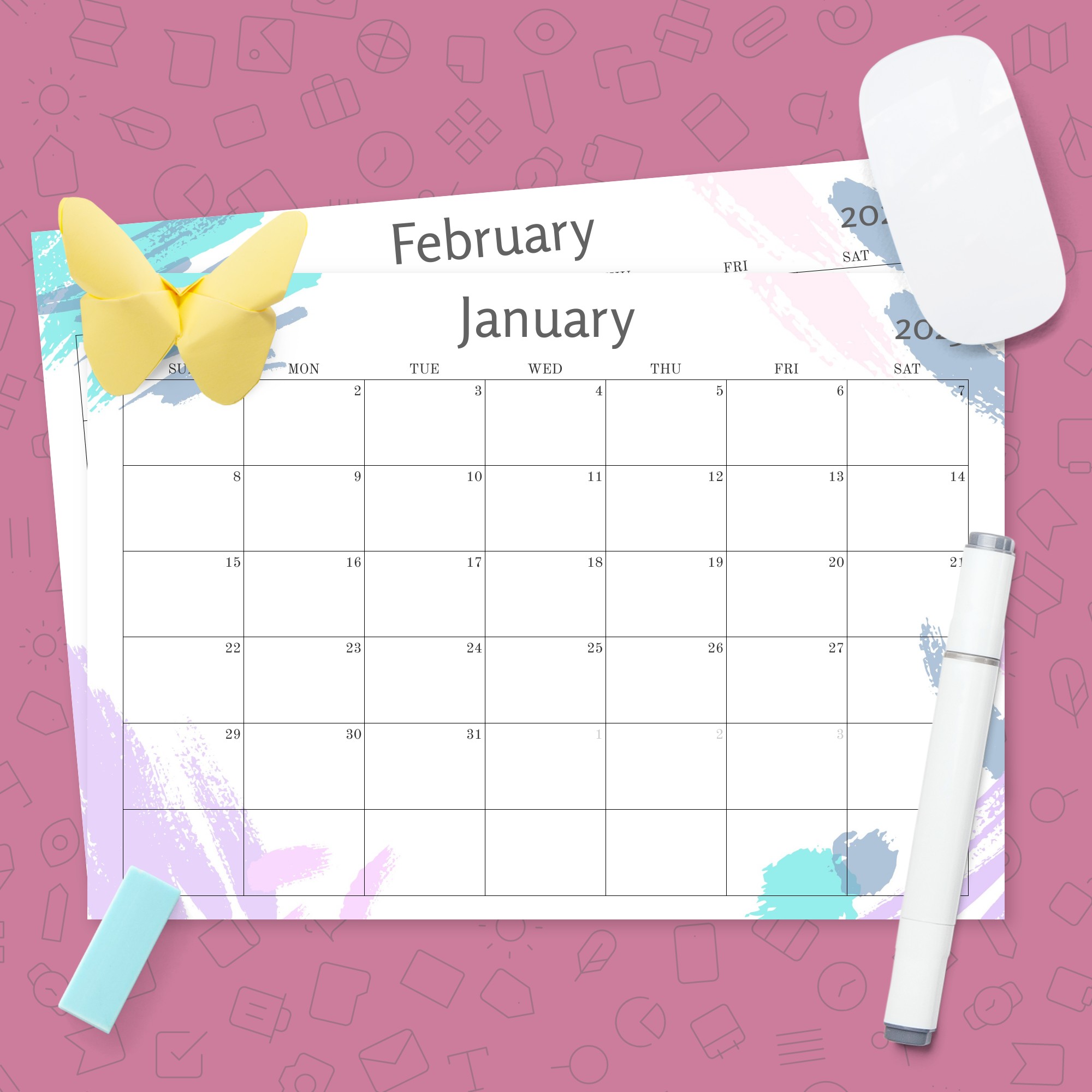 Simple Colored Monthly Calendar Template Printable PDF