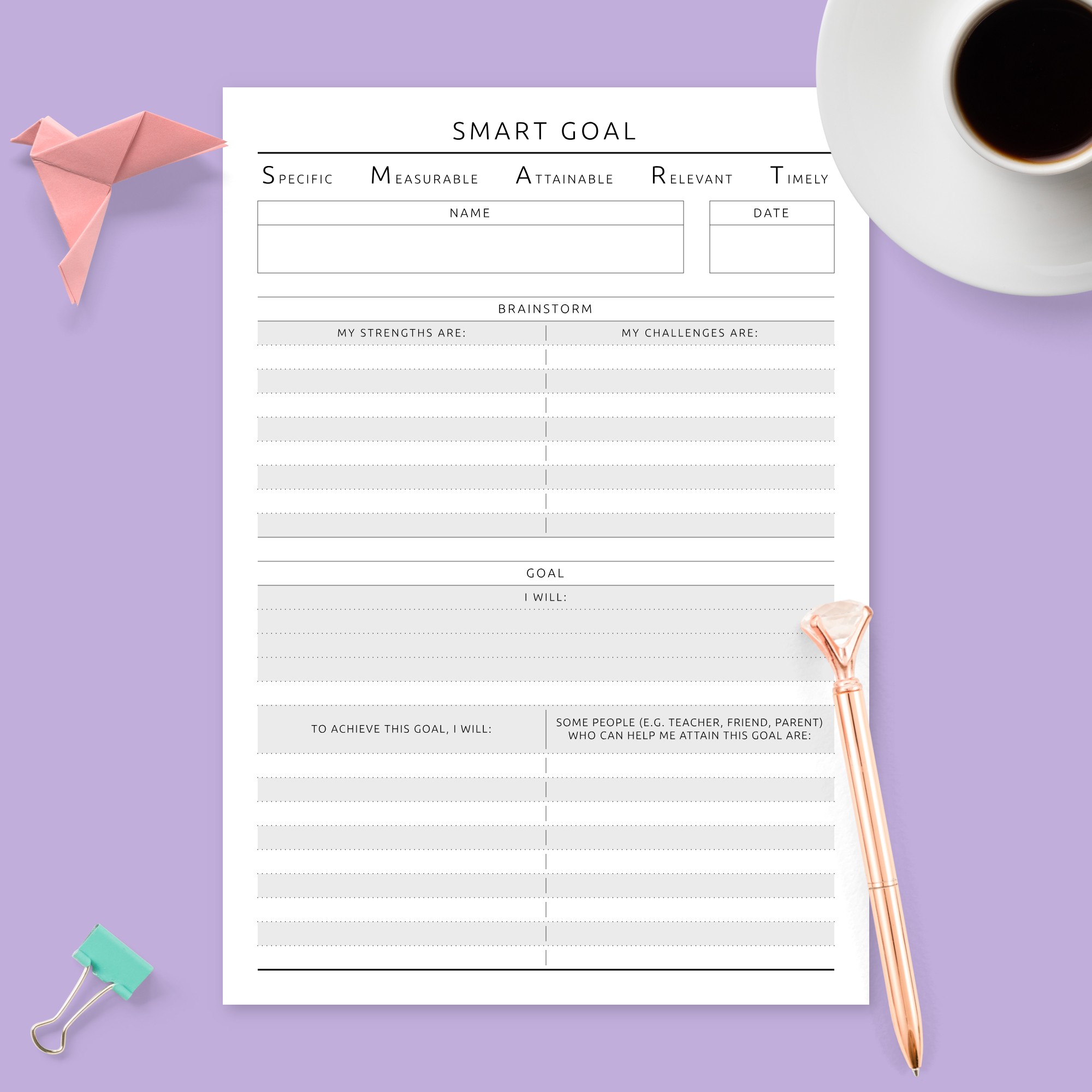 Smart Goal Planner - Formal Design Template - Printable PDF