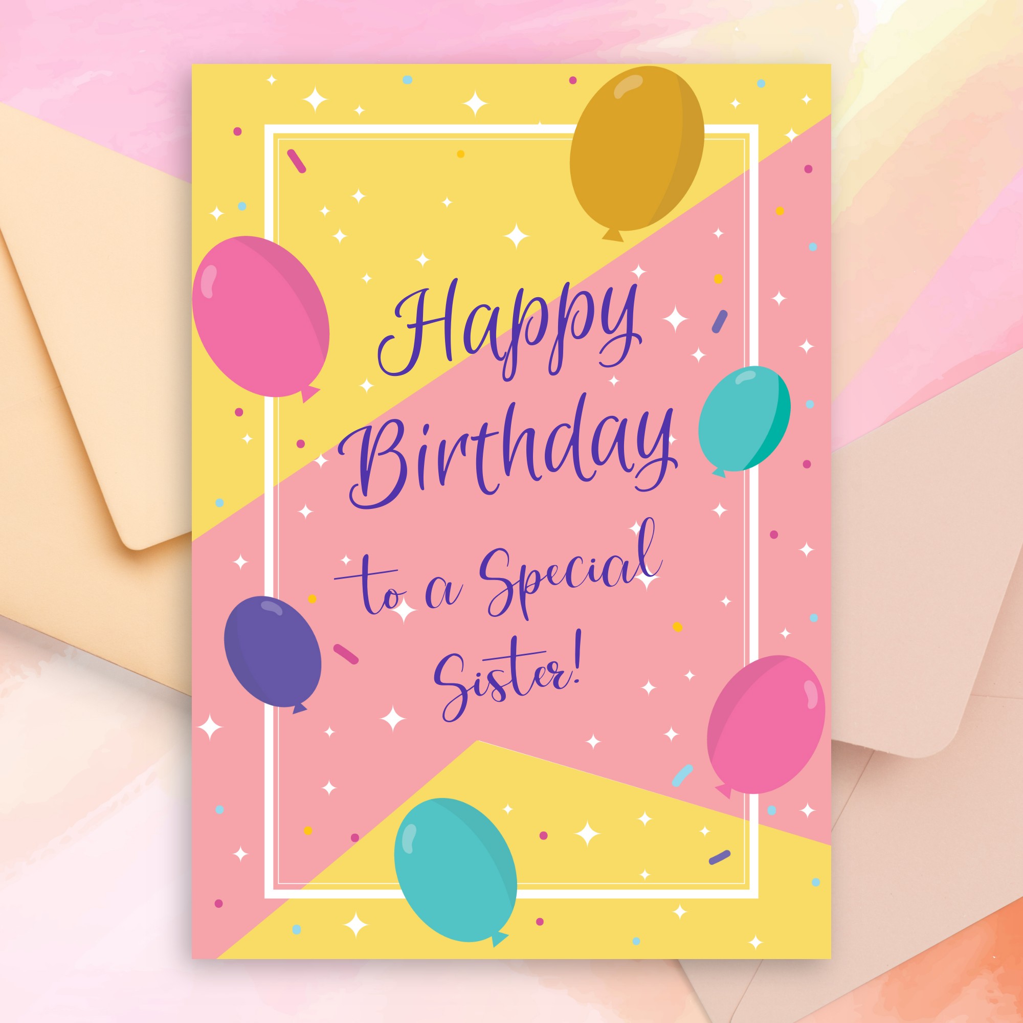 Sparkling Balloons Birthday Card For Sister Template Editable Online