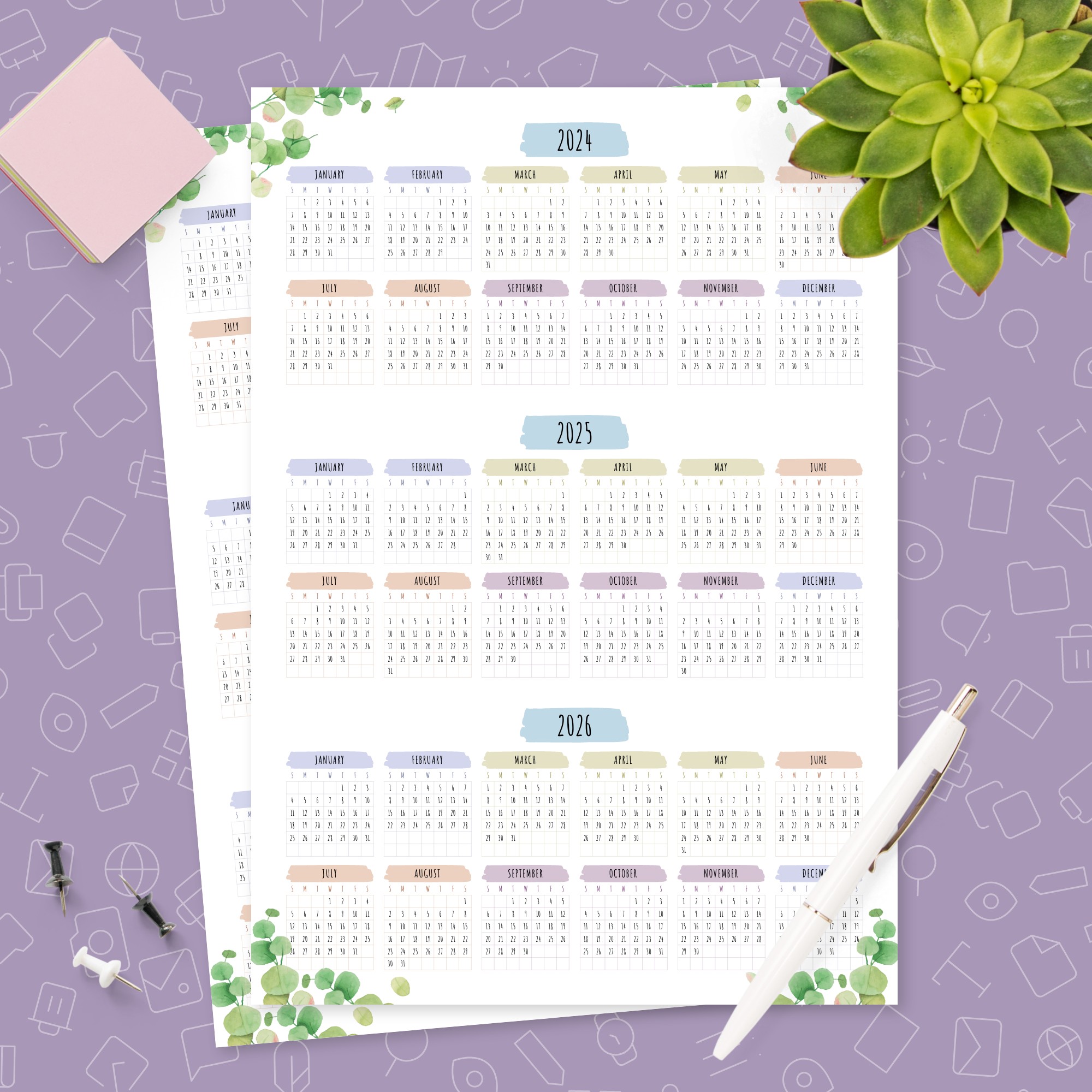 Three Year Calendar Template - Botanical Design Template - Printable PDF