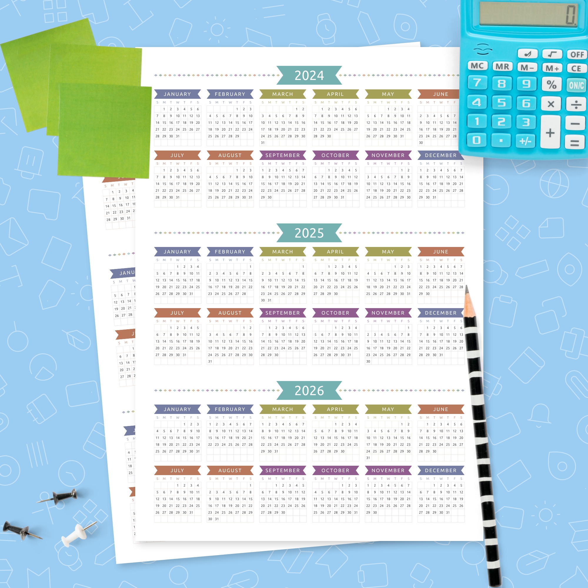 Three Year Calendar Template - Colorful Design Template - Printable PDF