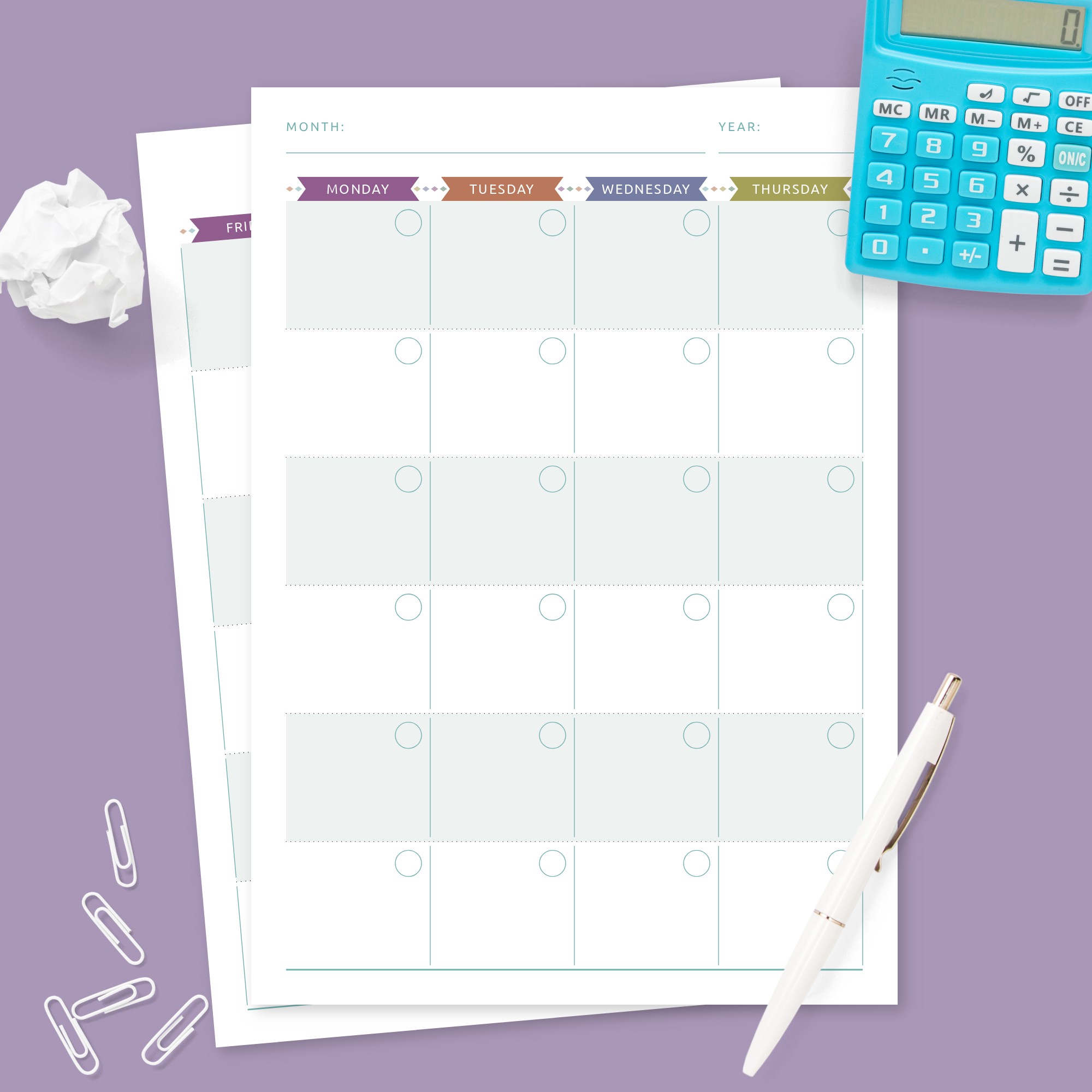 Undated Monthly Calendar Colored Design Template Printable Pdf 0016