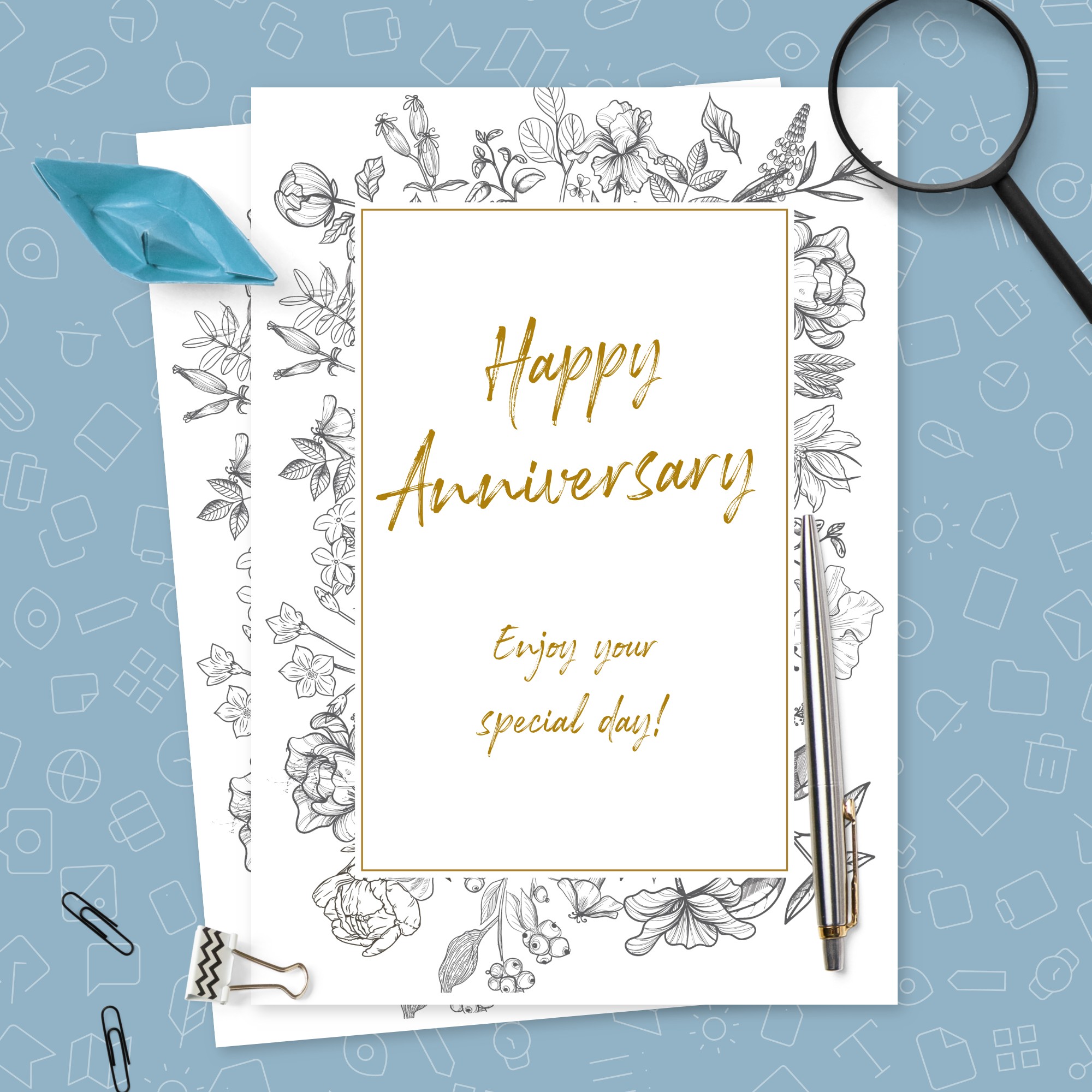vintage graceful flowers anniversary card template