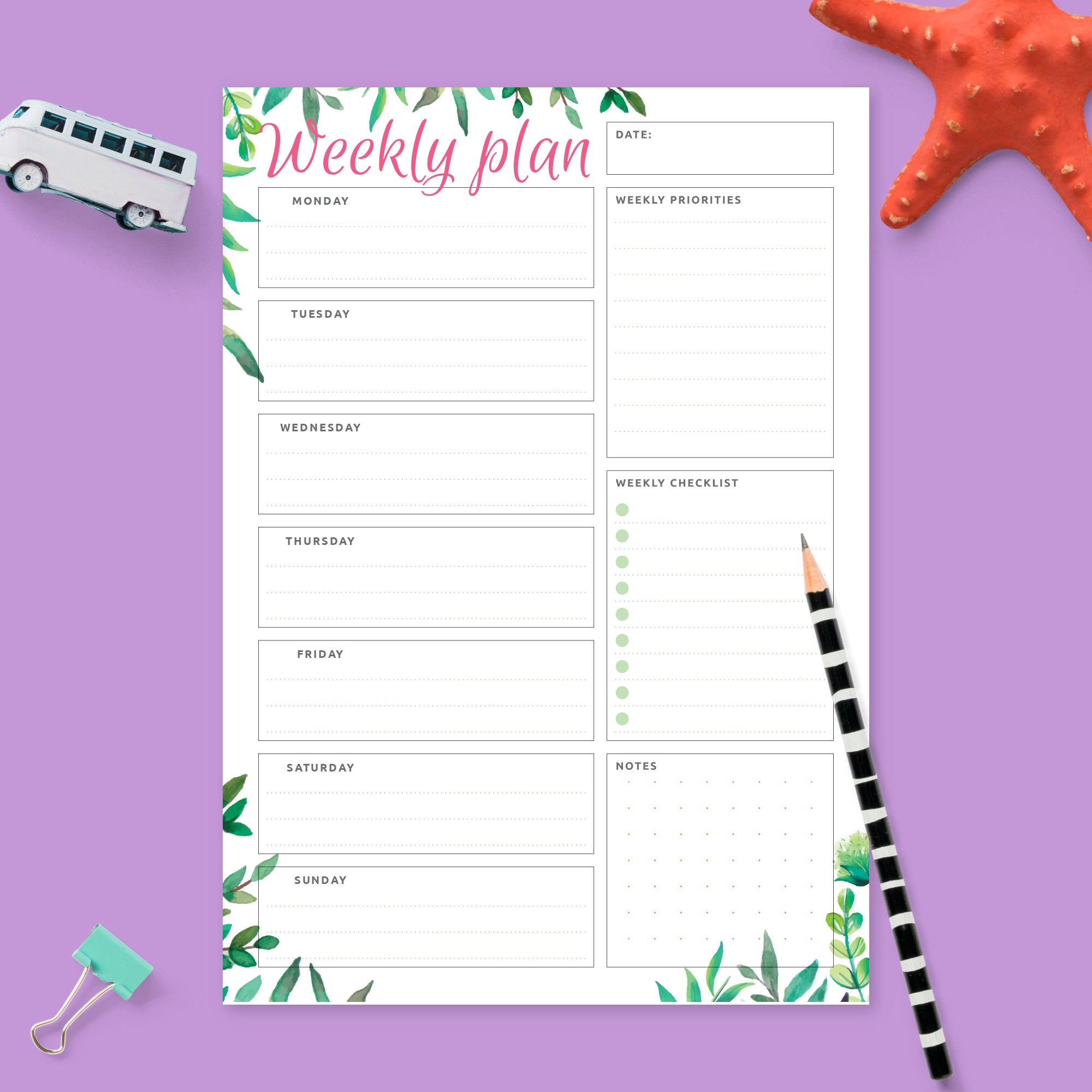 Week at a Glance Priorities and Checklist Template - Printable PDF