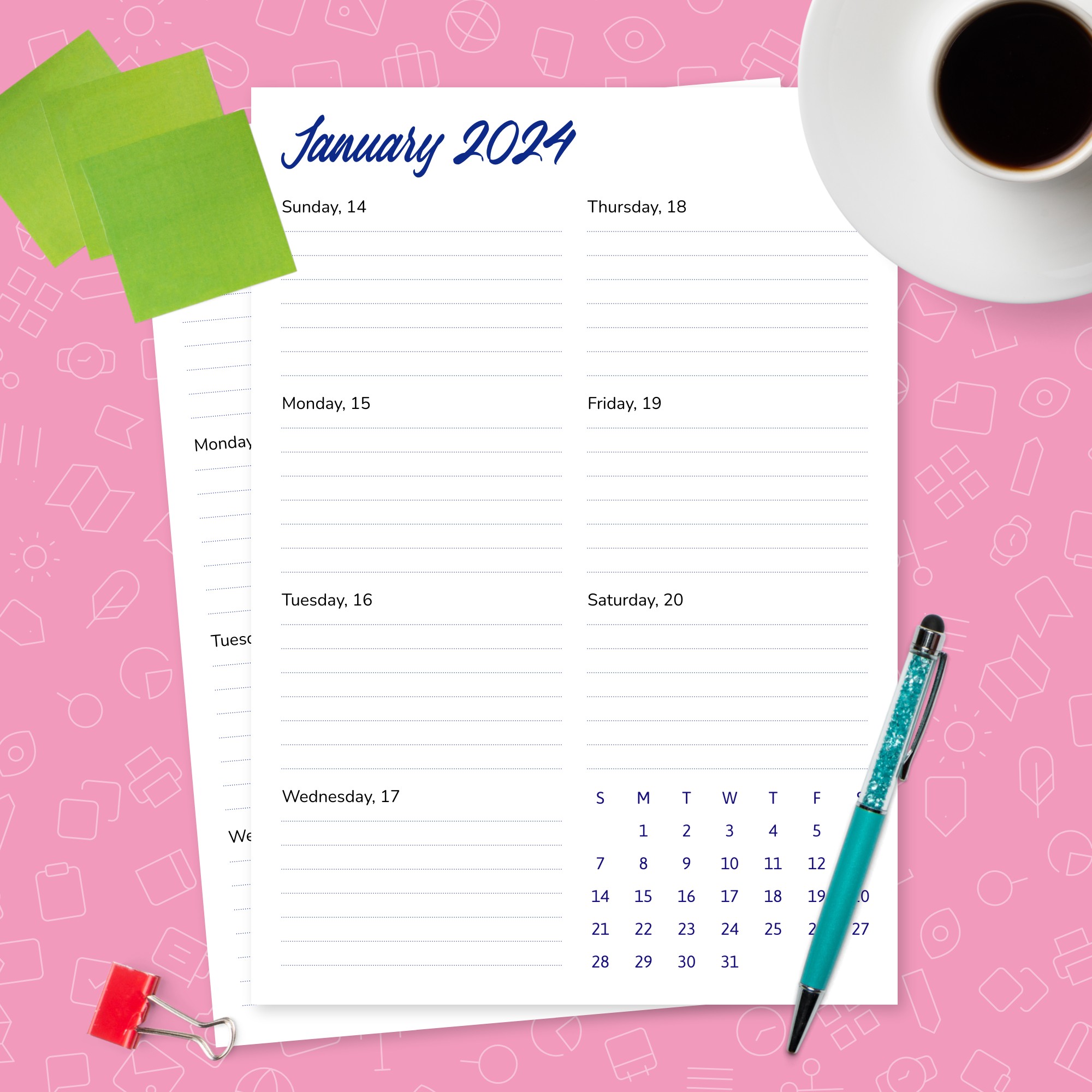 Weekly Calendar At a Glance Template Template Printable PDF