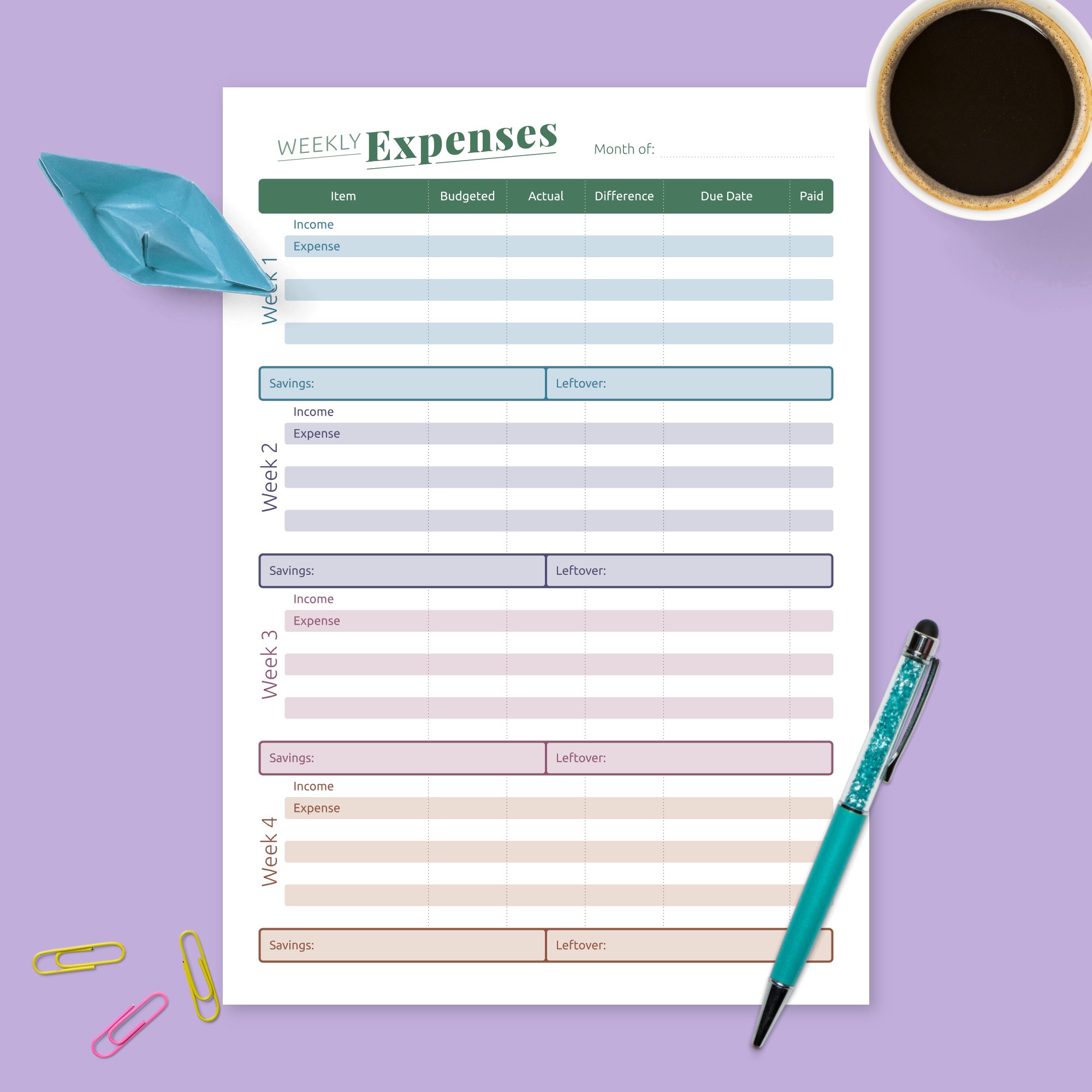 Weekly Spending Tracker Template Printable PDF