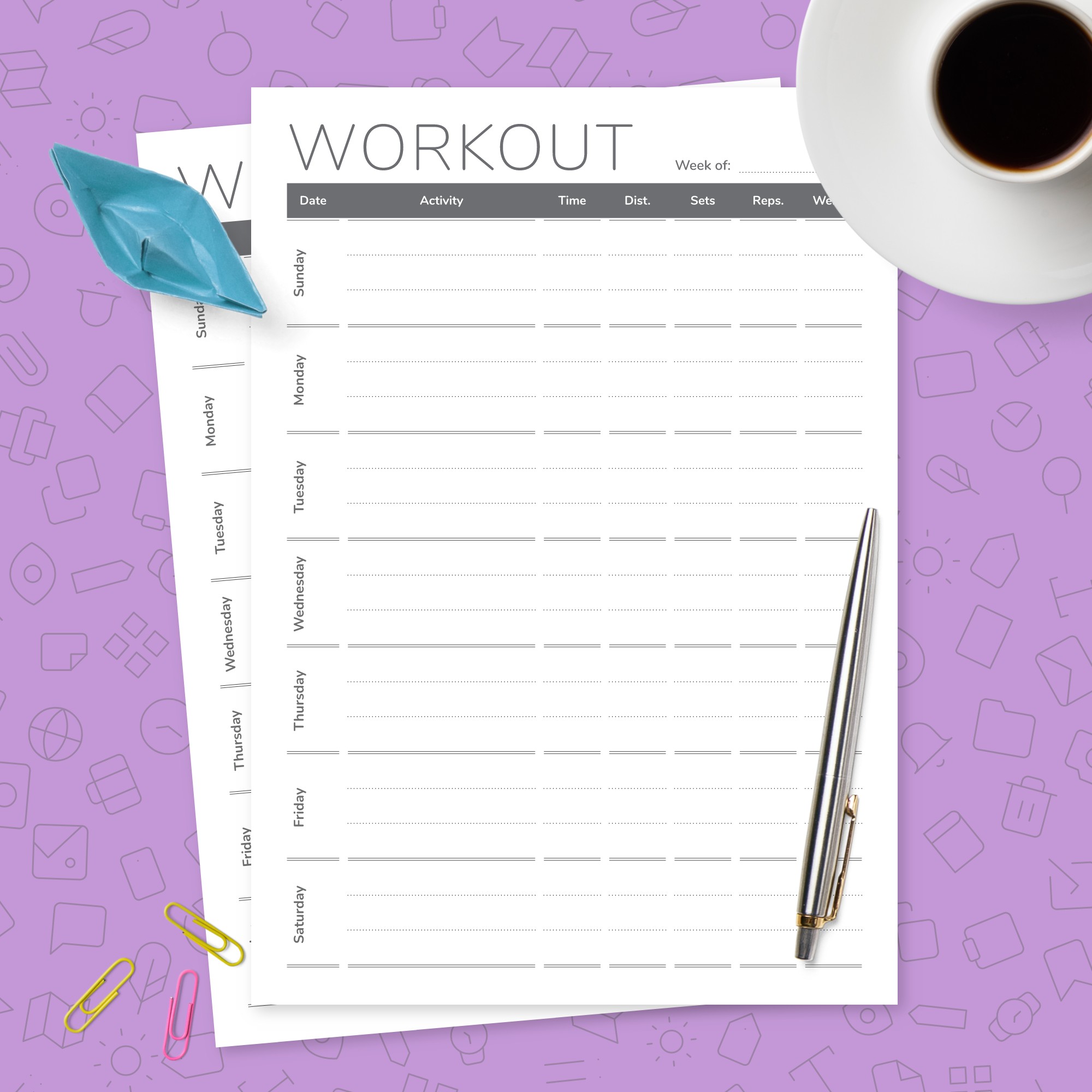 weekly workout template template printable pdf