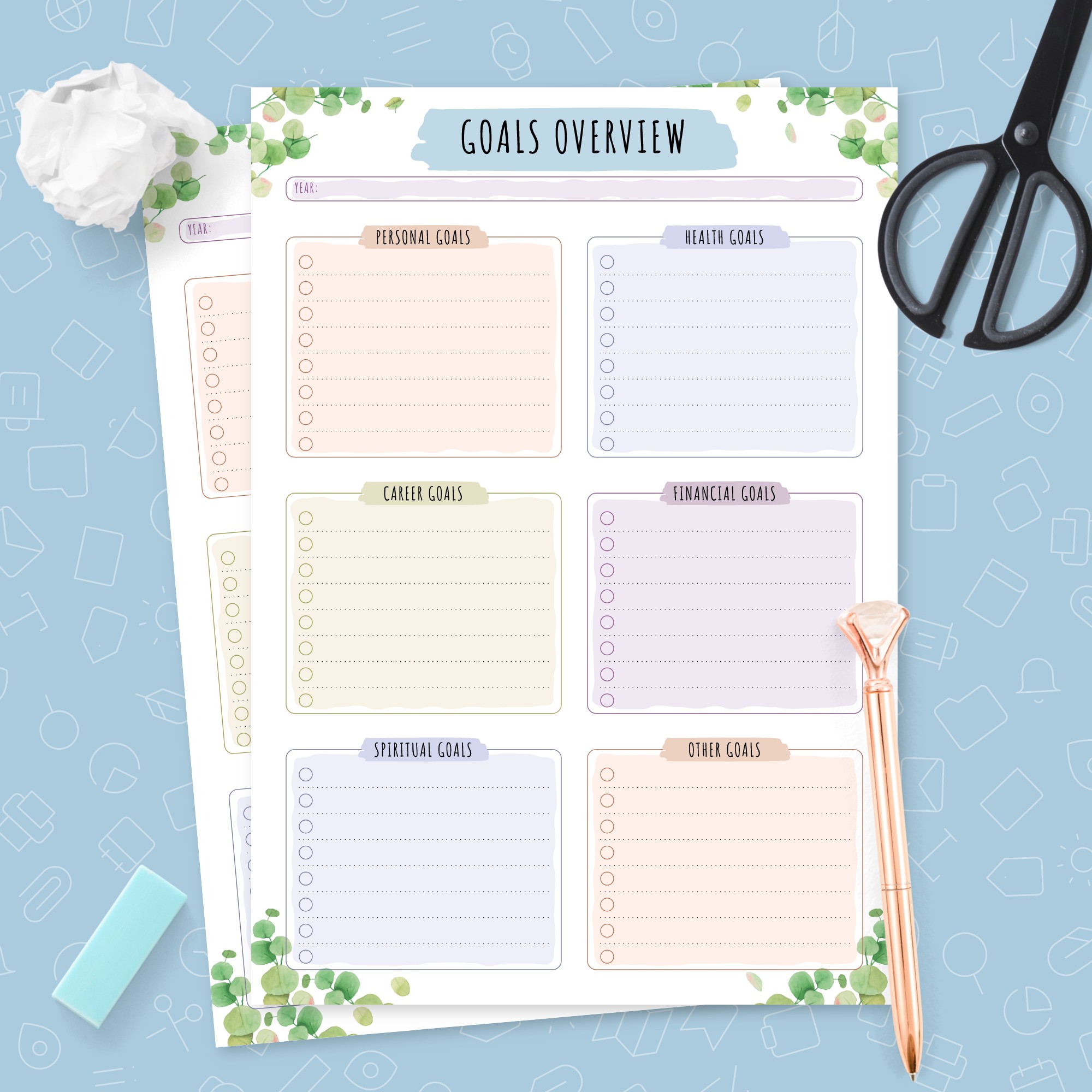Yearly Goals Overview - Botanical Design Template - Printable PDF
