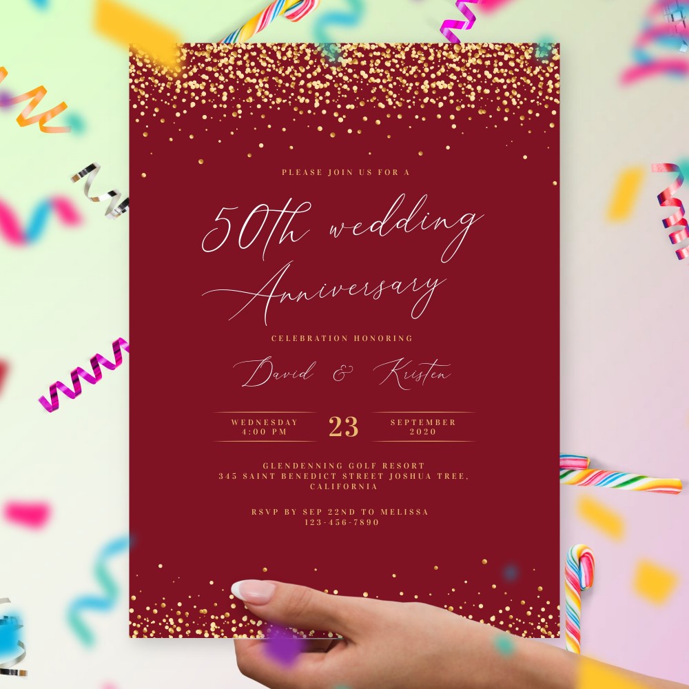 Customize and Download 50th Wedding Anniversary Invitation - Red &amp; Gold