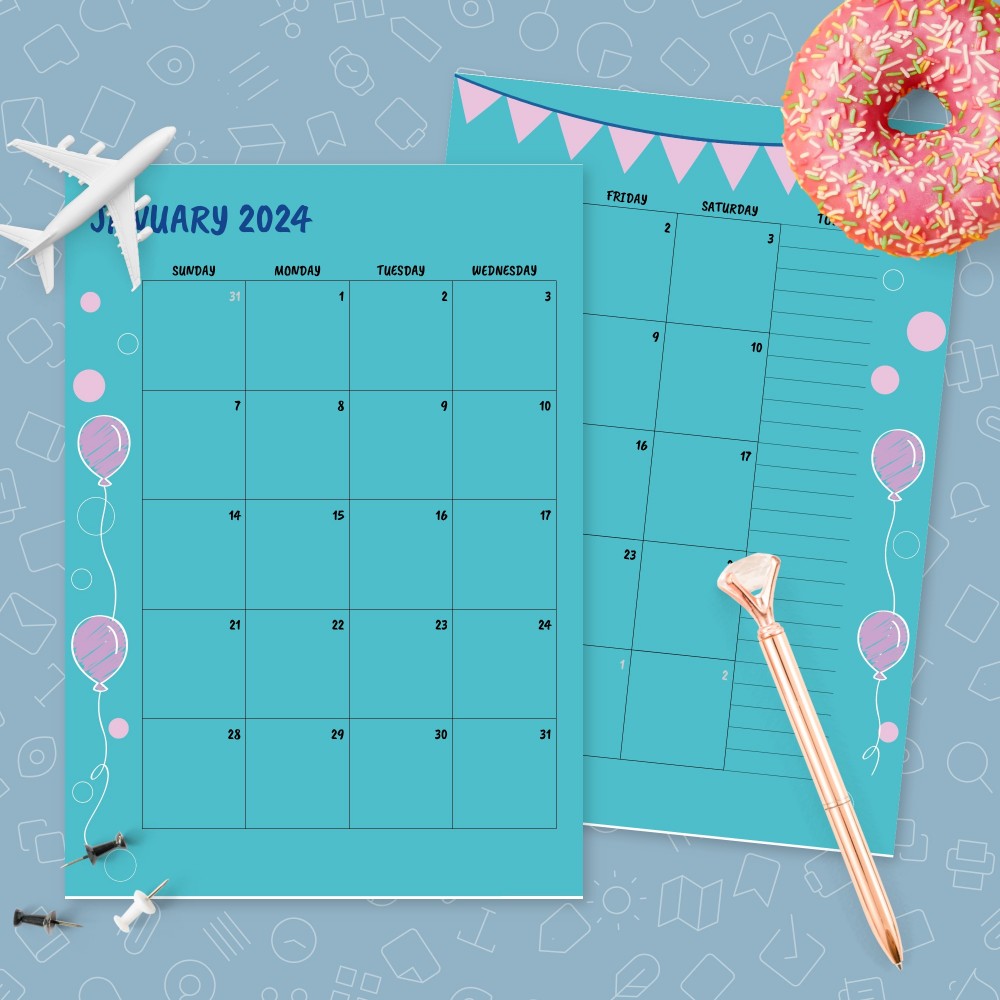 Download Printable Balloons and Flag Garlands Birthday Calendar Template