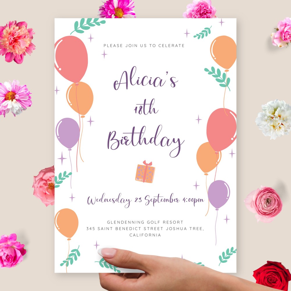 Customize and Download Balloons Sparkles Greenery Birthday Invitation