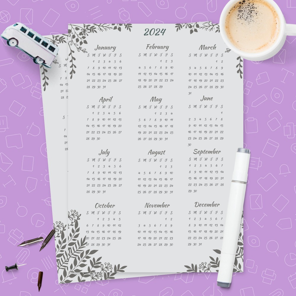 Download Printable Black and White Dusty Yearly Calendar Template