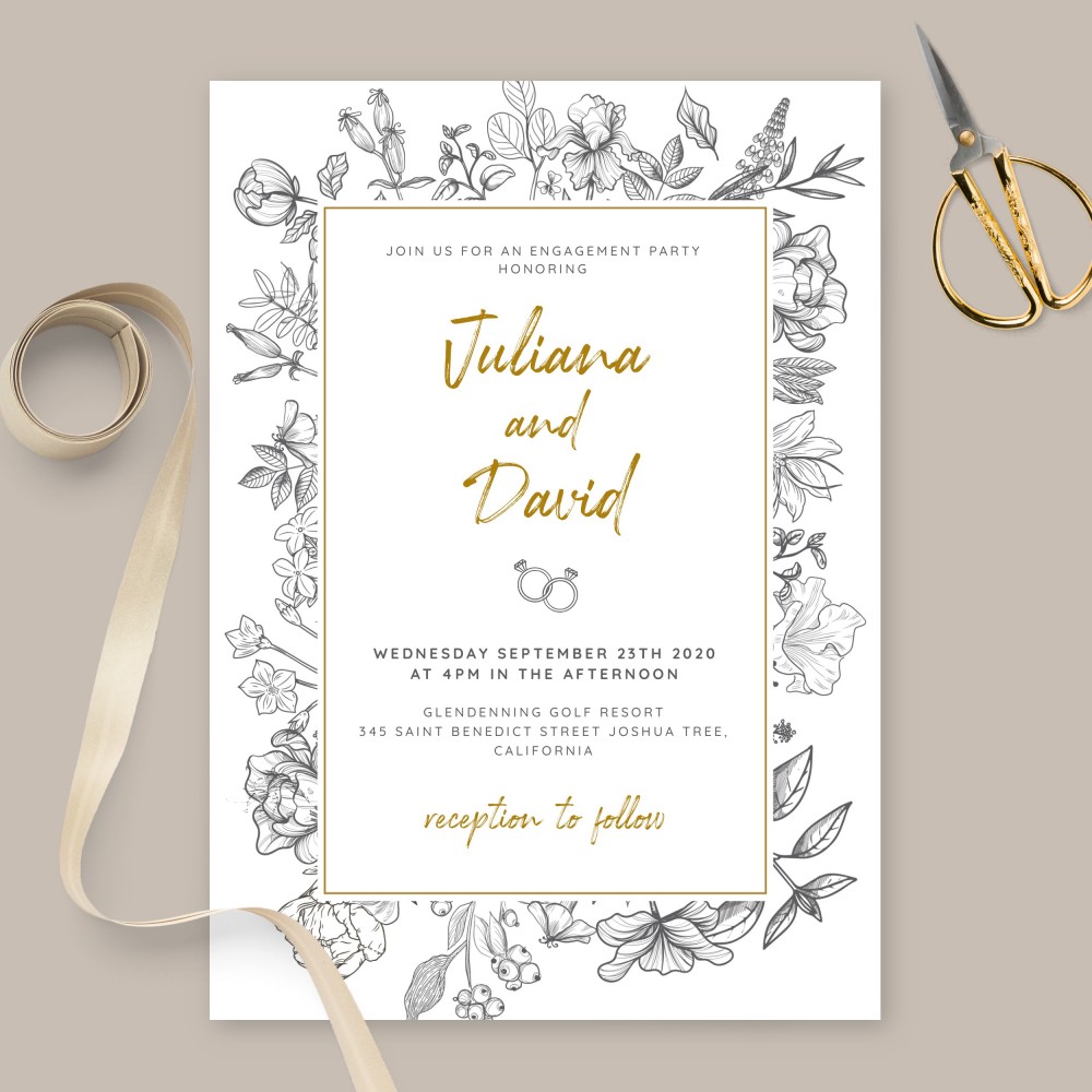 Customize and Download Black and White Floral Engagement Party Invitation