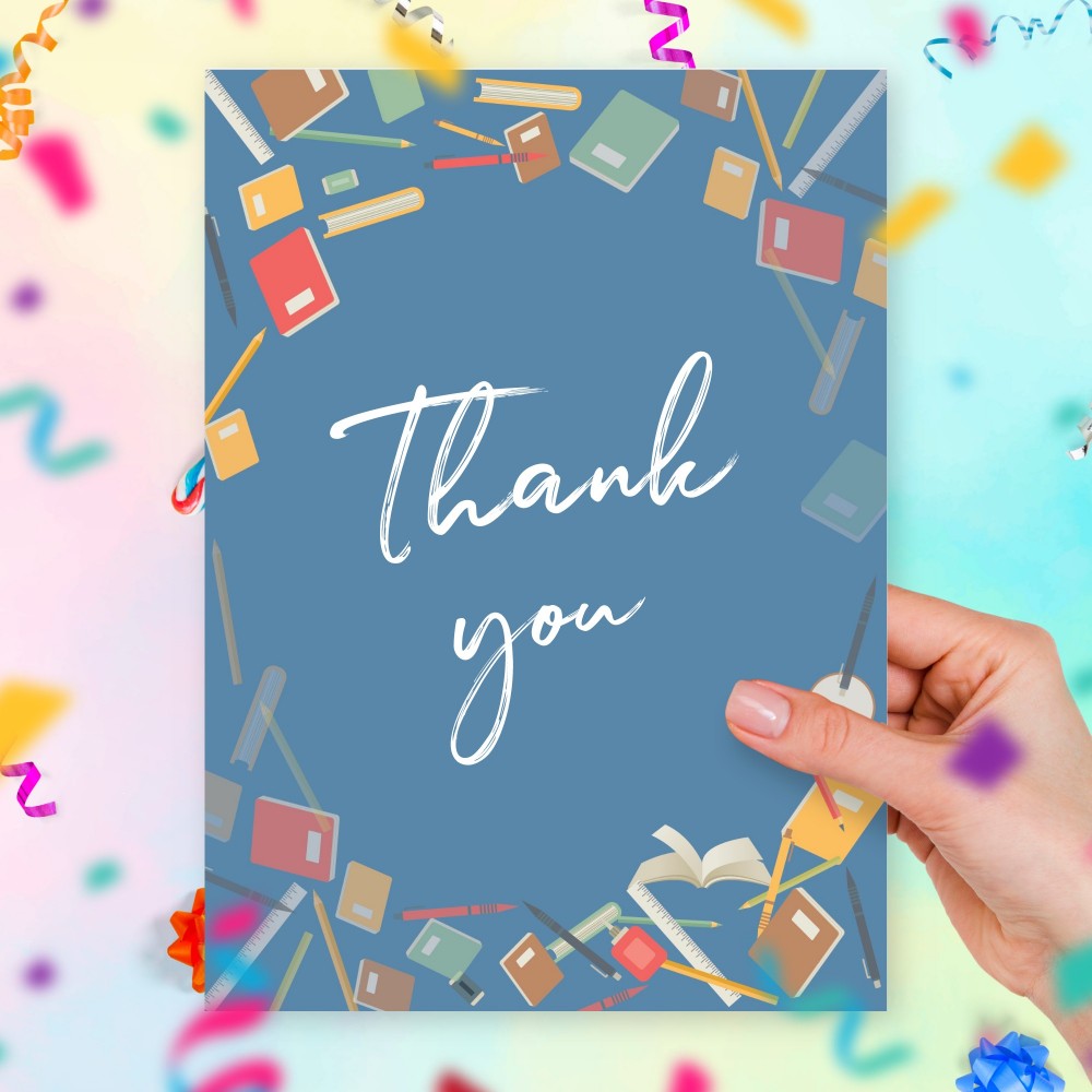 Customize and Download Blue Style Thank You Card For Teacher With Notebooks