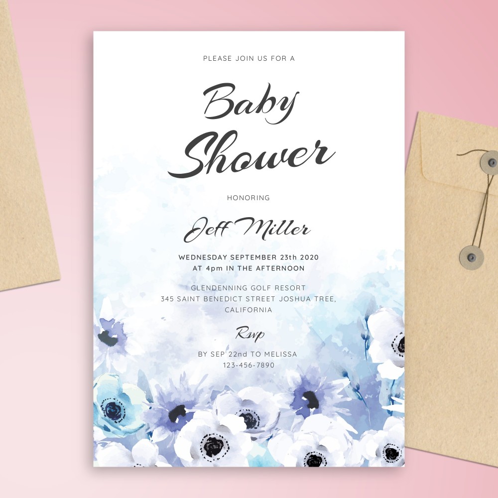 Customize and Download Blue Watercolor Floral Baby Shower Invitation