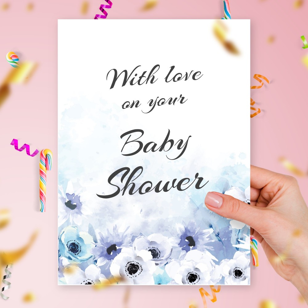 Customize and Download Blue Watercolor Flowers Baby Shower Greeting Card