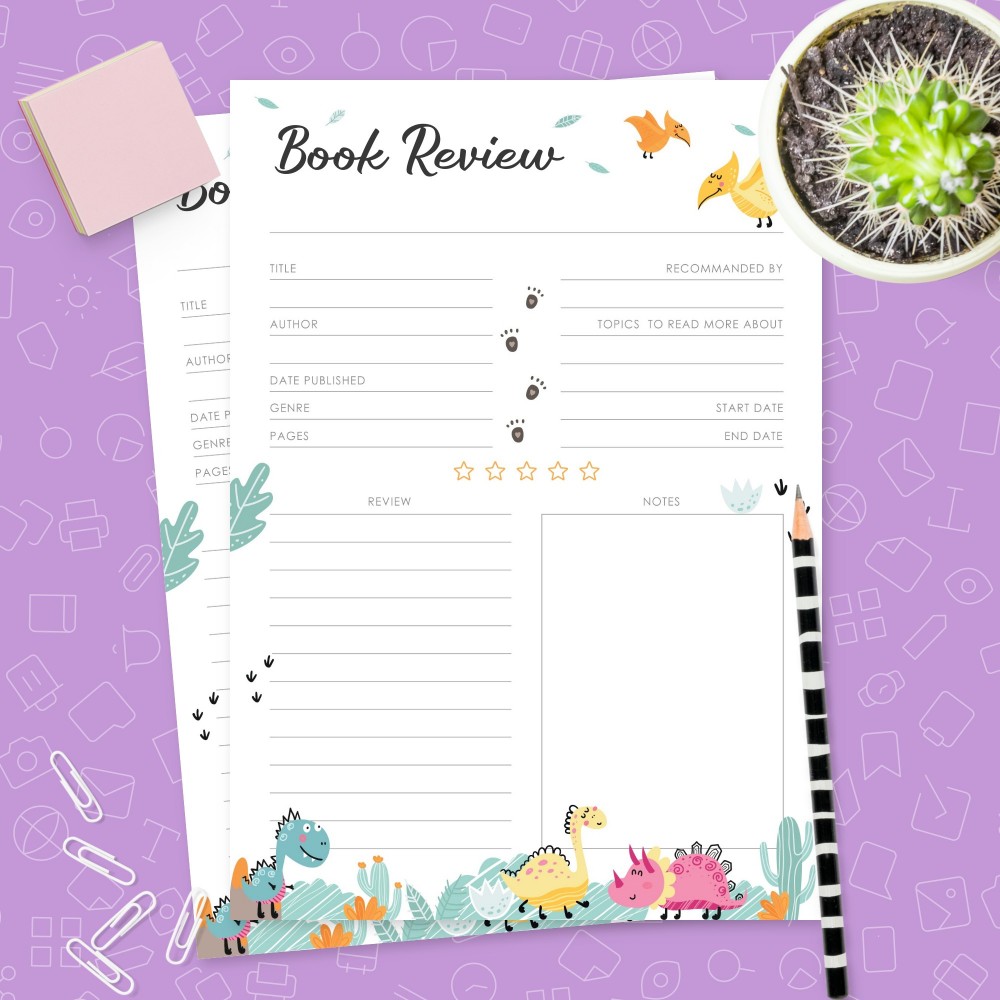 Download Printable Book Review Template (Dinosaurs Design) Template