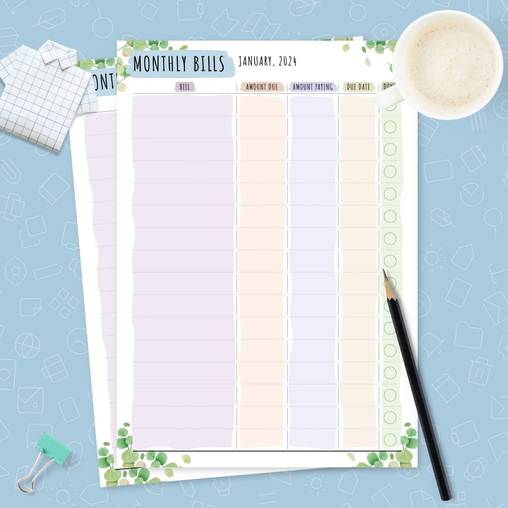 Download Printable Botanical Monthly Bill Organizer Template Template