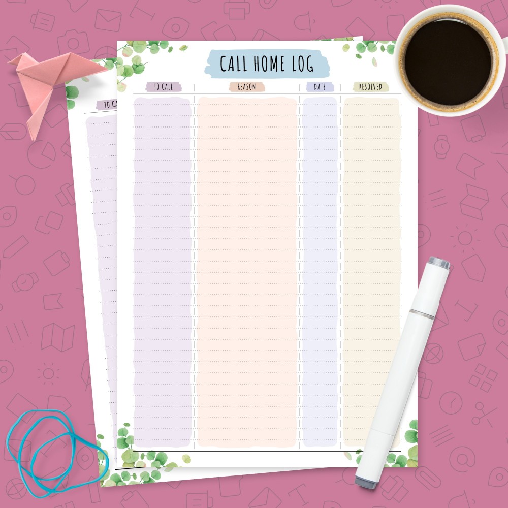 Download Printable Call Home Log Template (Floral) Template
