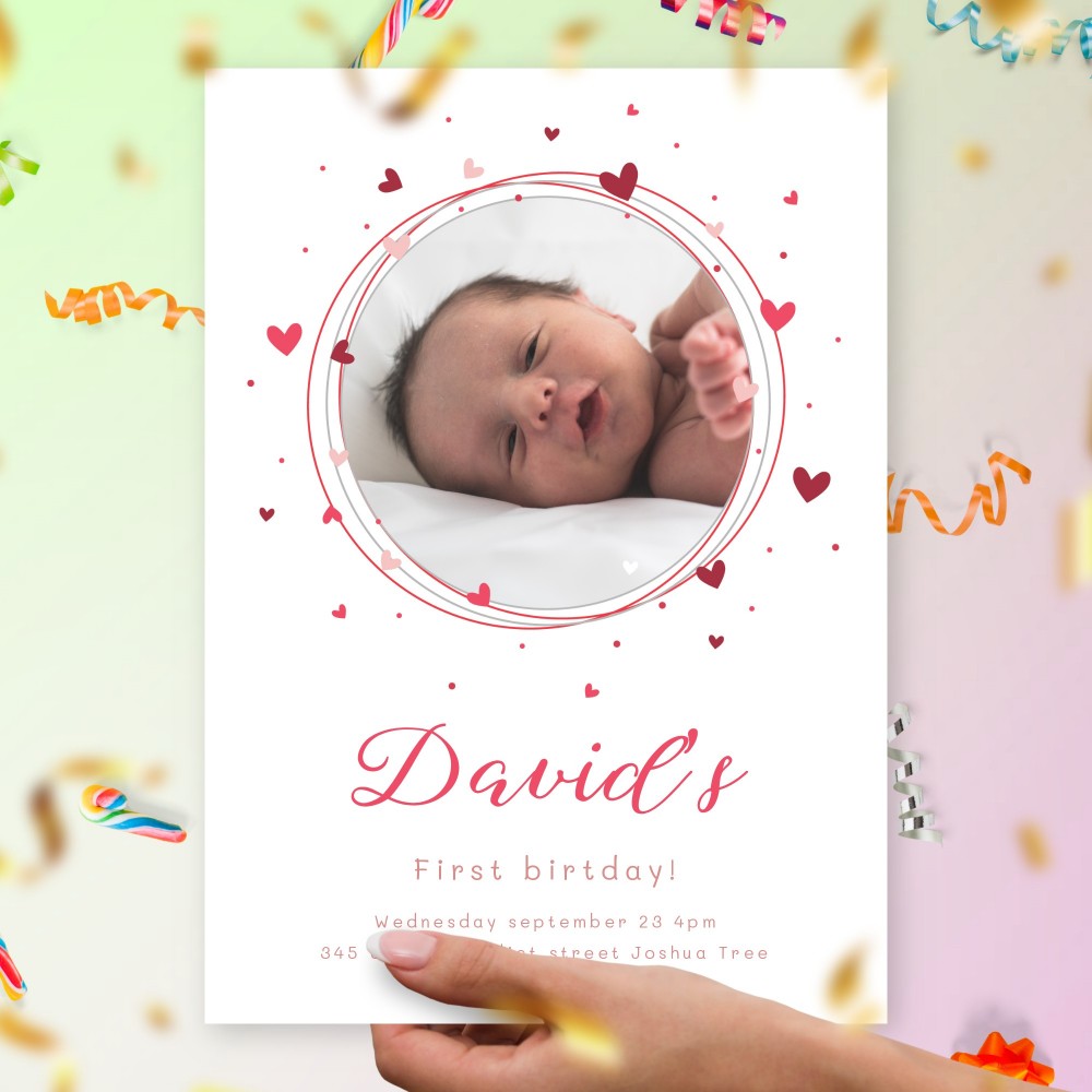 Customize and Download Circle Hearts Boy First Birthday Invitation