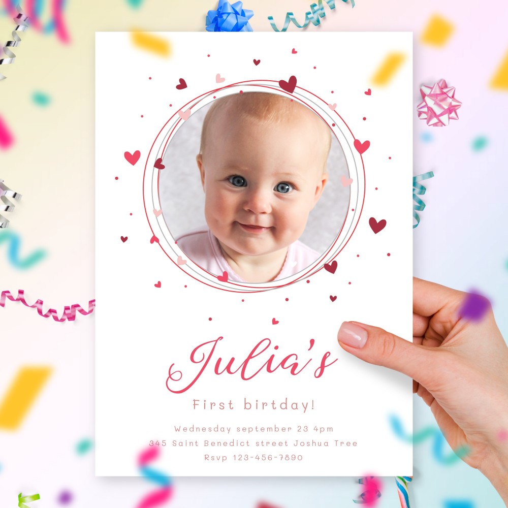 Customize and Download Circle Hearts Girl First Birthday Invitation