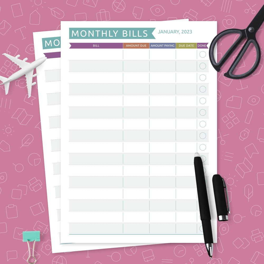 Download Printable Colored Monthly Bill Organizer Template Template