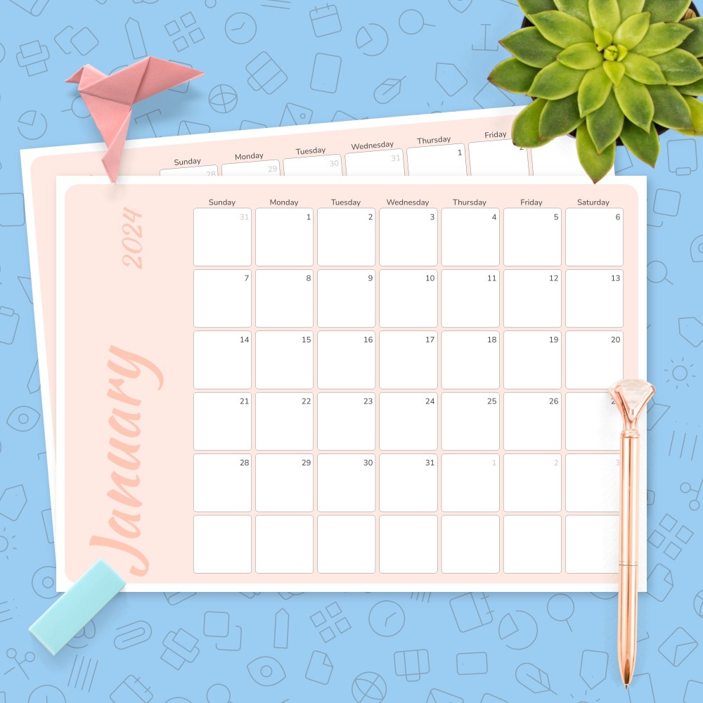 Download Printable Colored Pink Monthly Calendar Template